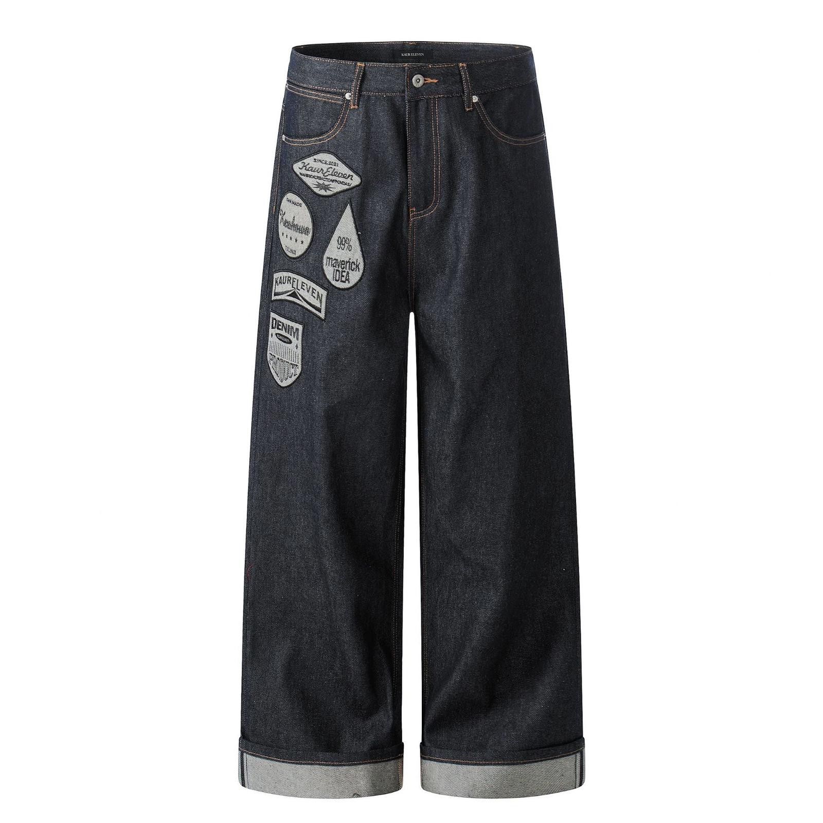 Jean Letter-Embroidered Raw Indigo Wide-Leg Selvedge Jeans Size US 32 / EU 48 - 6 Thumbnail