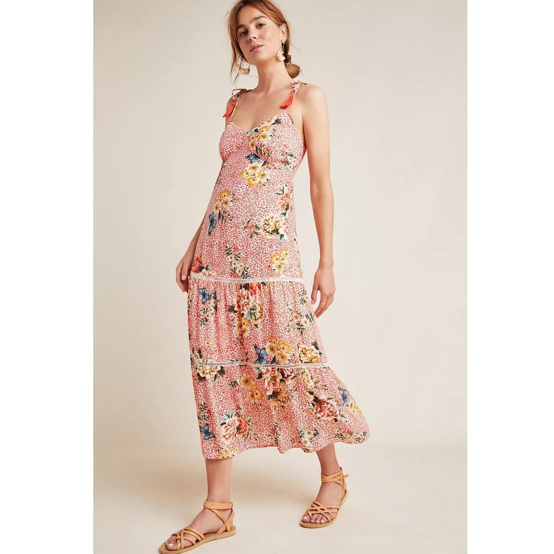 Image of New Farm Rio For Anthropologie Verbena Midi Dress $198 Xs in Red, Women's