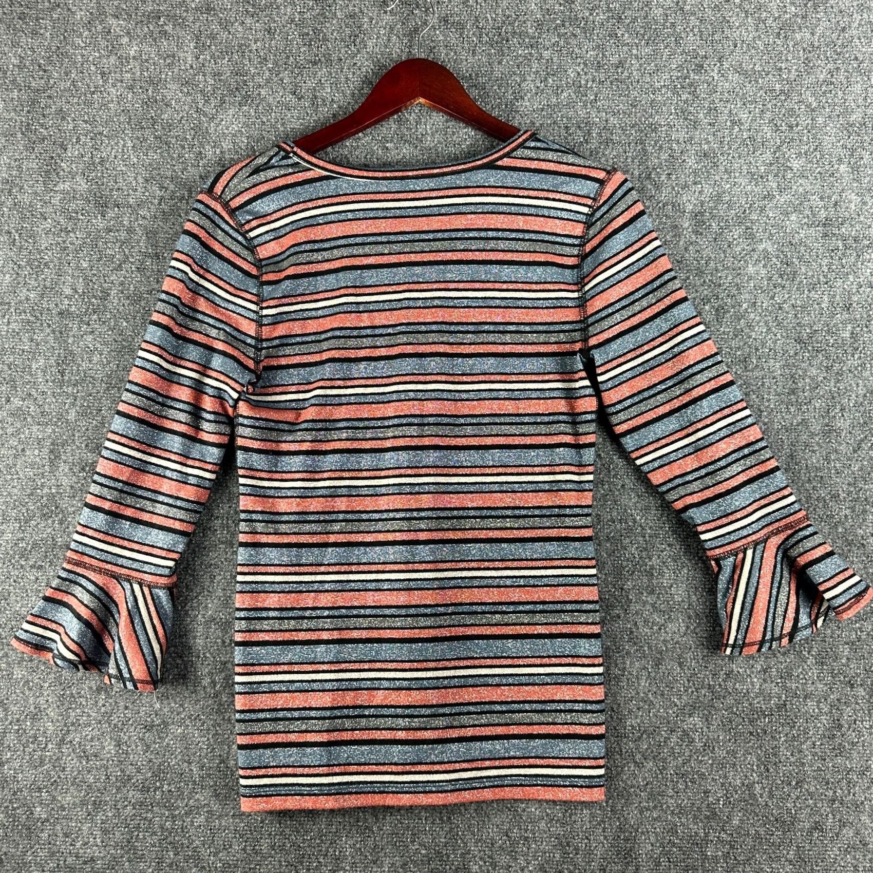 Free People Free People Top Womens L Orange Blue Knit Bell Sleeve 3/4 Striped Metallic Bohemian Modern Shirt Womens Size L / US 10 / IT 46 - 6 Thumbnail