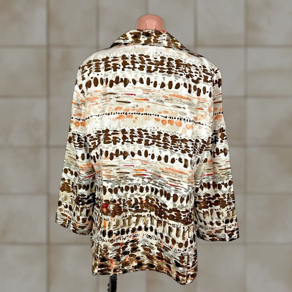 VINTAGE Chico’s Silk Wearable Art Jacket Blazer Open Front 3 Hooks Multicolor Silk Embroidered 90s Bohemian Geometric Women XL