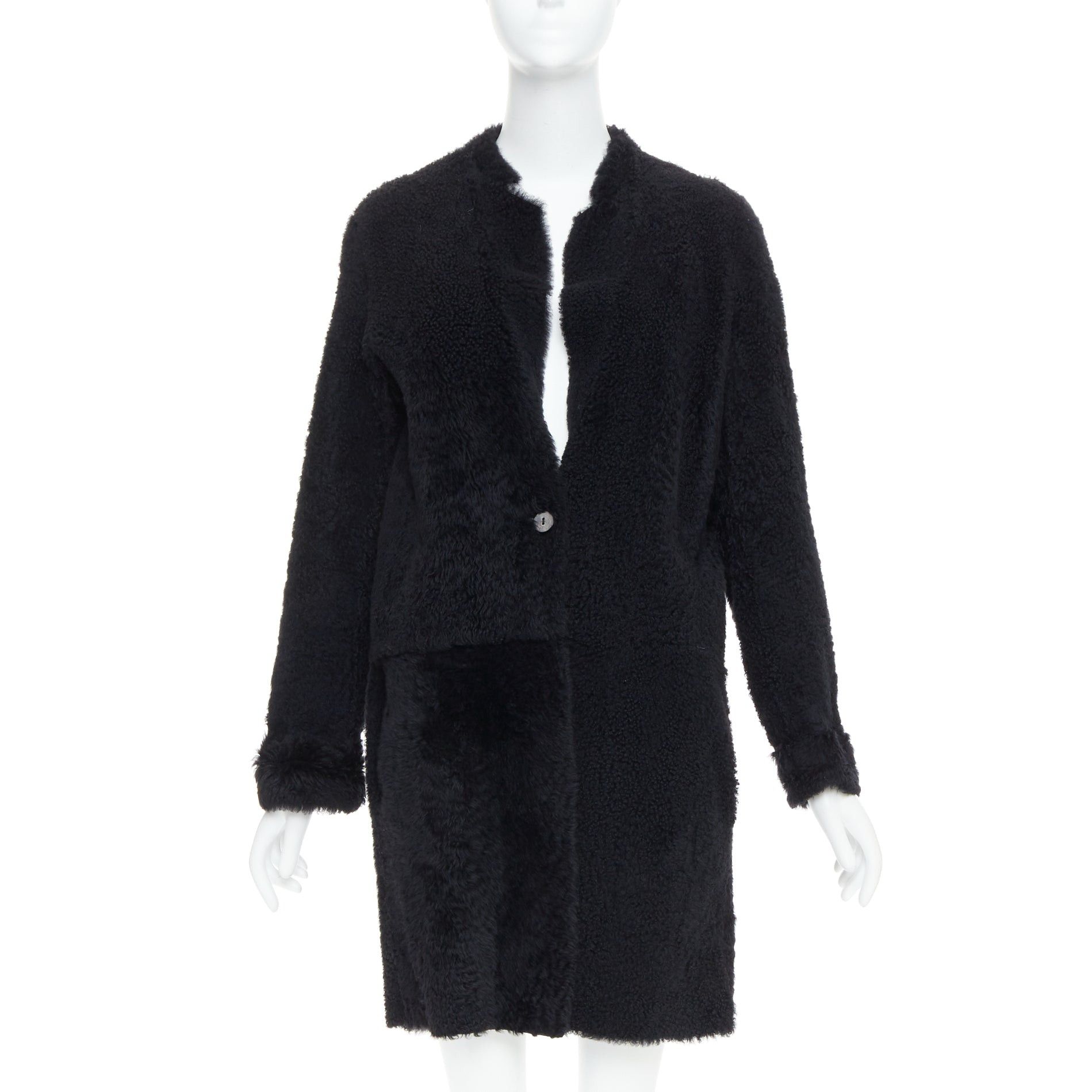 Karl Donoghue KARL DONOGHUE black lambskin shearling fur single button long coat L Size L / US 10 / IT 46 - 1 Thumbnail