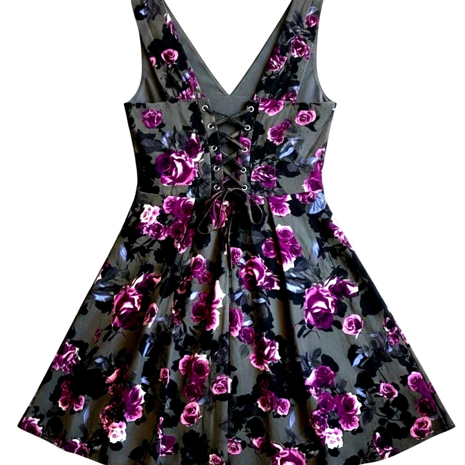 Hot Topic Hot Topic Y2K Purple Roses Fit Flare Mini Dress 2XLTie Back Size XXL / US 16-18 / IT 52-54 - 1 Thumbnail