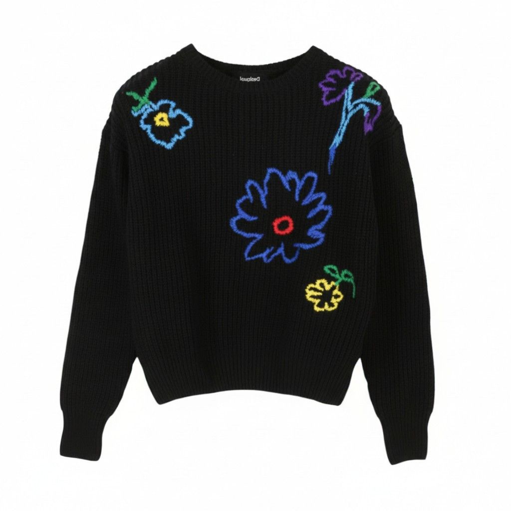 Desigual JERS LARSON XS Black Floral Knit Oversized Jumper 88686 Size XS / US 0-2 / IT 36-38 - 1 Thumbnail
