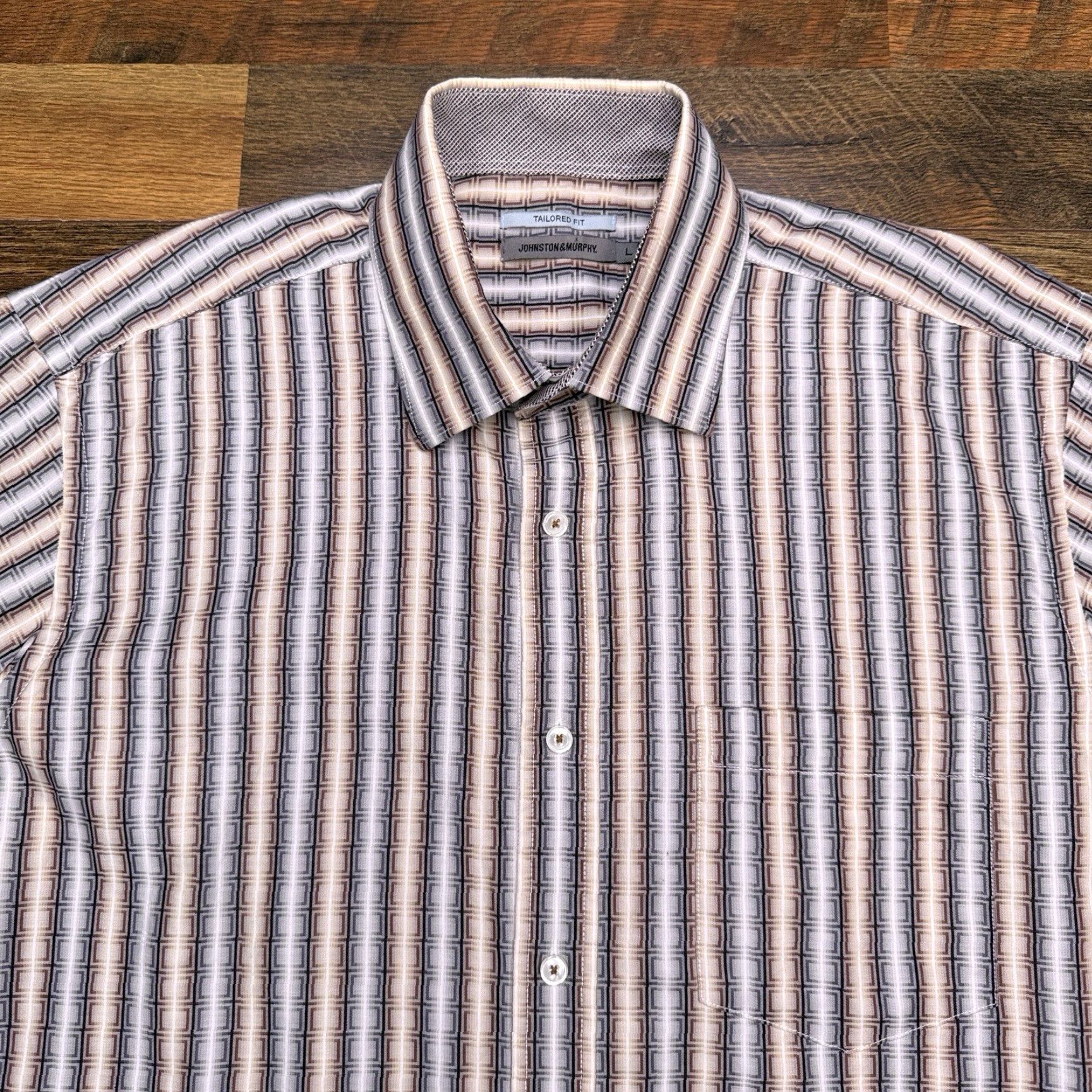 Johnston & Murphy Johnston & Murphy Shirt Mens Large Tan Geometric Button Up Slim Fit Long Sleeve Brown cotton Button-Up Size US L / EU 52-54 / 3 - 5 Thumbnail