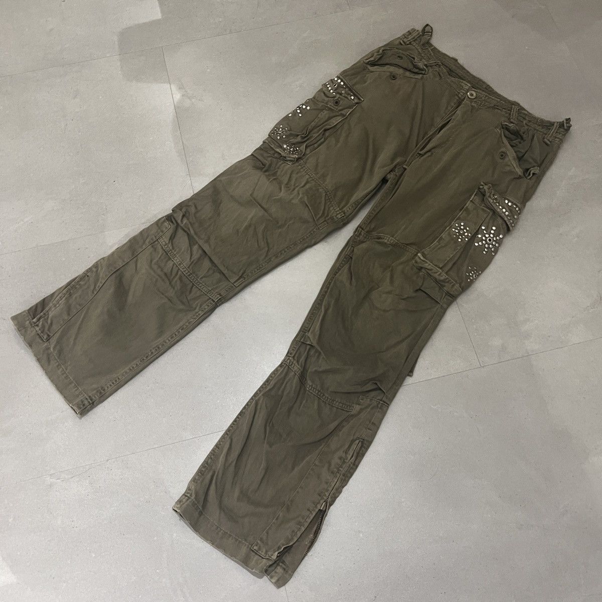 image of Vintage 90's Mangrove Japanese Riveted Bondage Flared Boot Cut Cargo in Olive, Men's (Size 35)