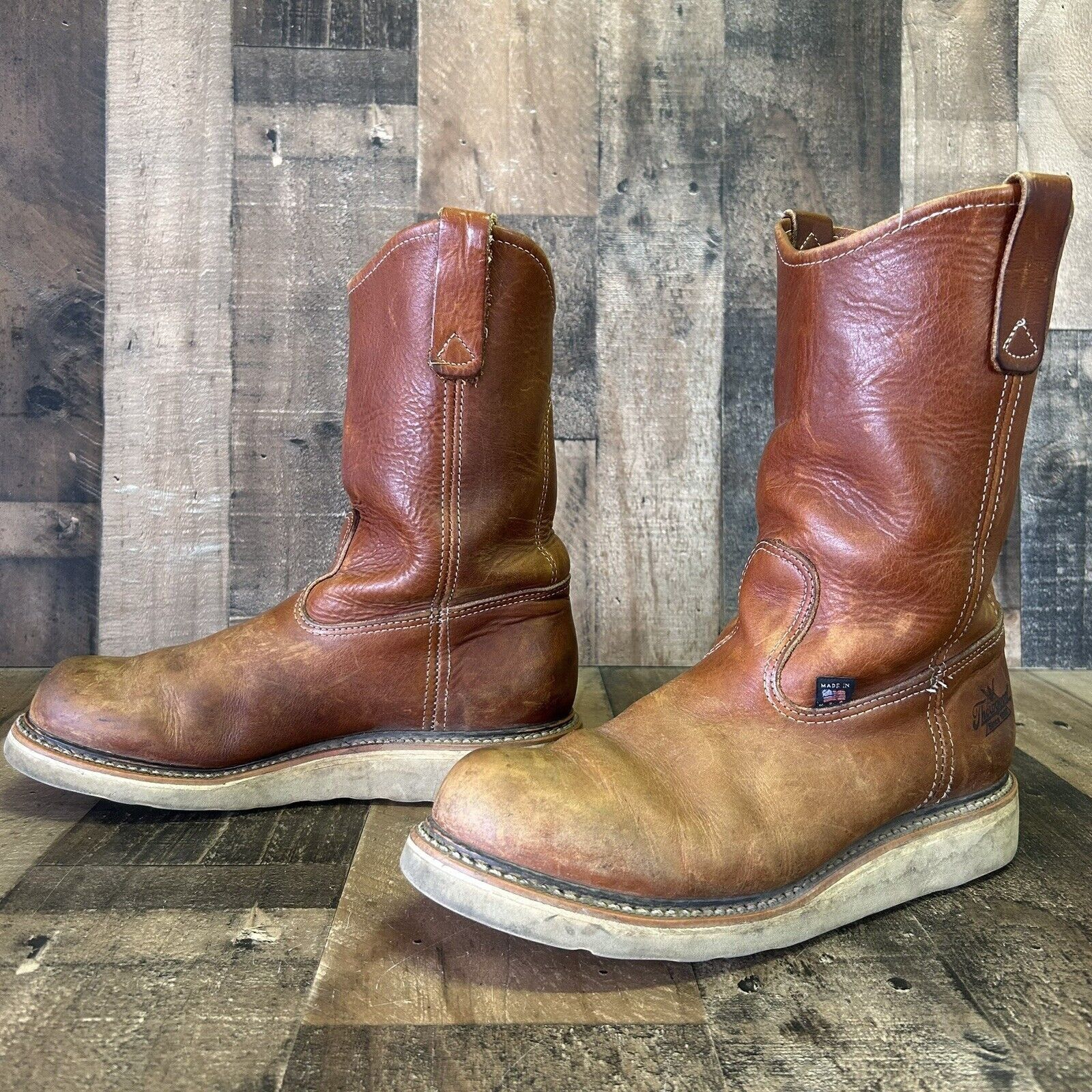 image of Thorogood 814-4208 Wedge Wellington Eh Leather Work Boots 8D in Brown/Cream Sole, Men's