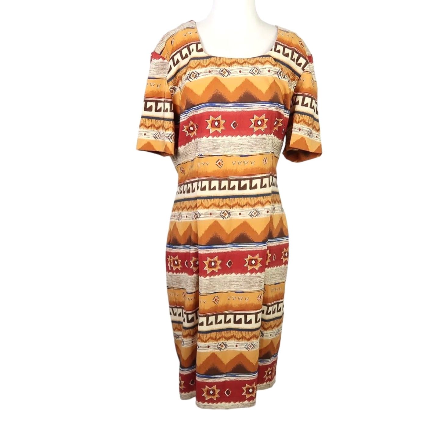 Vintage VINTAGE Sag Harbor Sheath Dress 12 Women Tan Yellow Red Southwestern Geometric Print 90s Casual Knee Length Size XL / US 12-14 / IT 48-50 - 2 Thumbnail