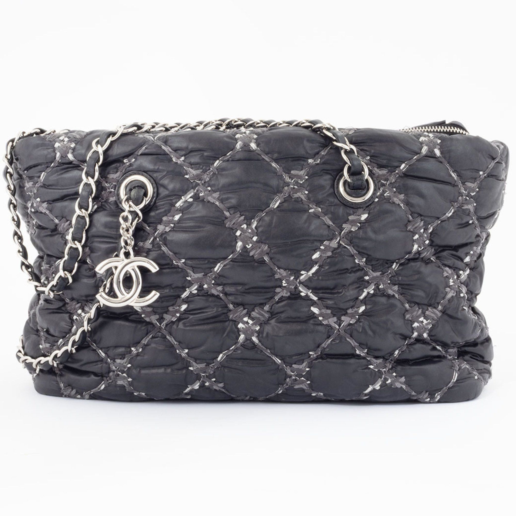 Chanel Parisian Chain Shoulder Tote Bag Nylon Black Grey Women's Chanel