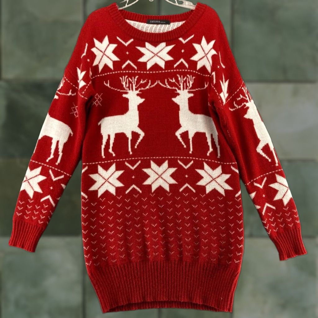 Vintage Zanzea Christmas Sweater Dress Womens M Red Reindeer Fair Isle Knit Tunic Long Sleeve Round Neck Winter Holiday Casual Party/Cocktail Christmas Size M / US 6-8 / IT 42-44 - 1 Thumbnail