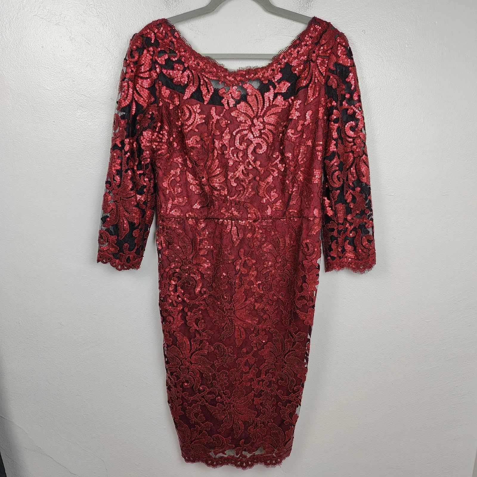 image of Tadashi Shoji Dress Womens 14 Red Sequin Lace Sheer (Size XL)