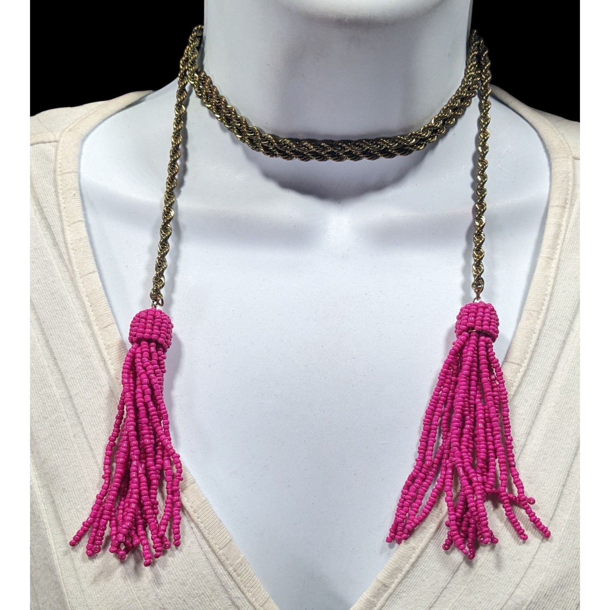 Other Pink Glass Beaded Fringe End Gold Tone Chain Wrap Necklace Size ONE SIZE - 1 Thumbnail