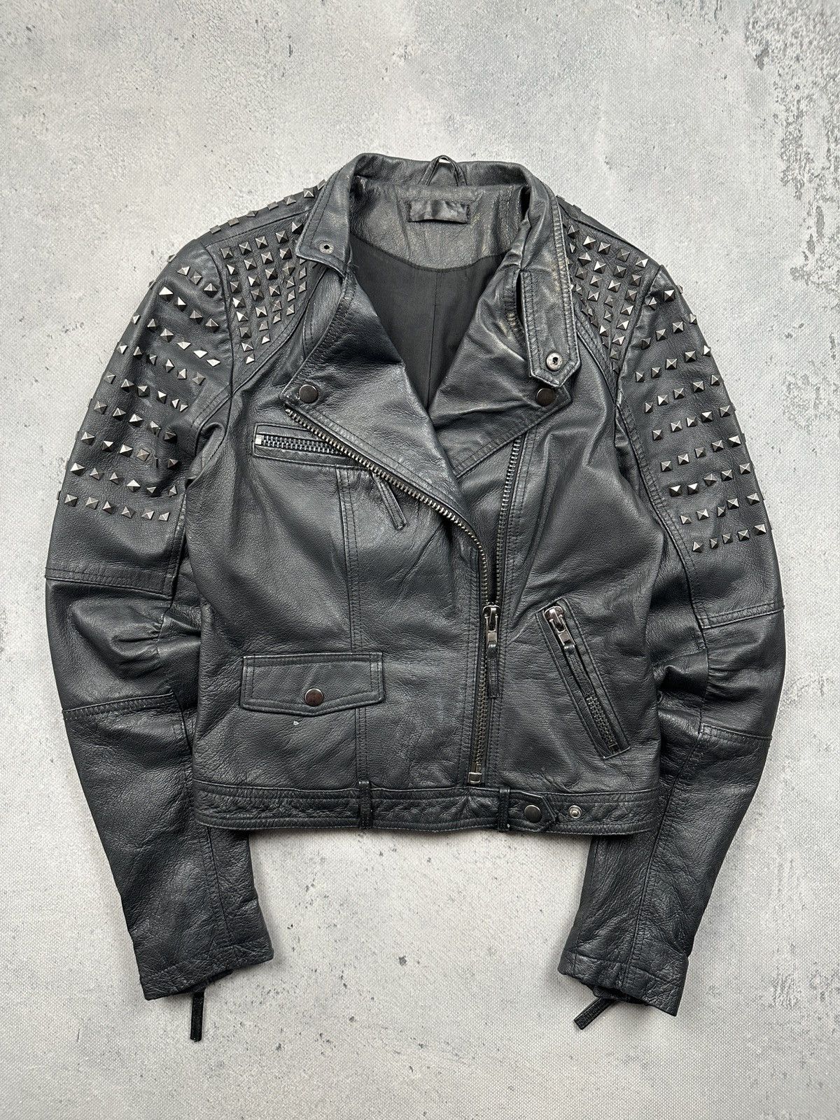 Genuine Leather Never Denim Studded Leather Biker Jacket Black Punk Moto Y2K Size S / US 4 / IT 40 - 8 Thumbnail