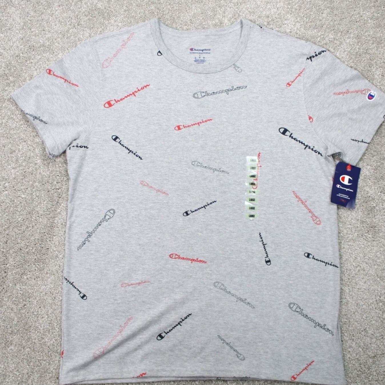 Champion Champion AOP Shirt Mens Large Gray All Over Cotton/Poly Blend S/S Pullover Size US L / EU 52-54 / 3 - 2 Thumbnail