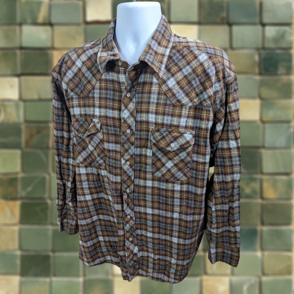 Vintage Wrangler Western Shirt Flannel Pearl Snap Plaid Long Sleeve 3xl Men's L1s in Black, Men's (Size Xxl)