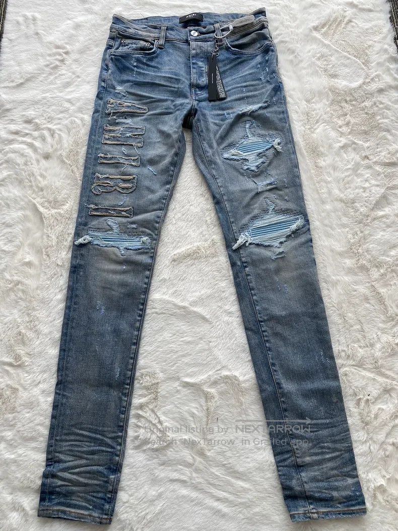 Amiri Amiri Size 32 Washed blue and blue leather Logo jeans Size US 32 / EU 48 - 1 Thumbnail