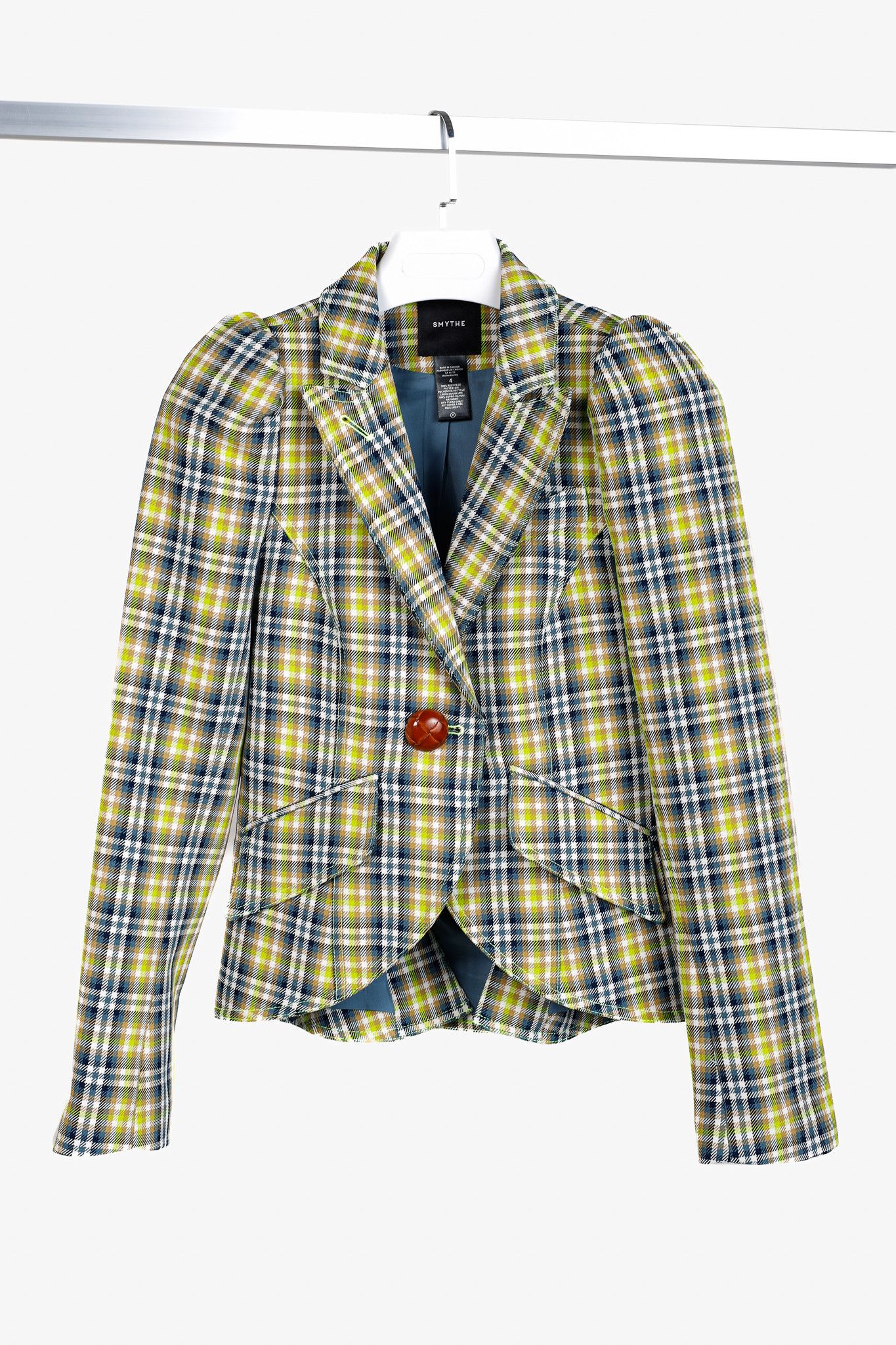SMYTHE Smythe SS/23 Lime Plaid Pouf Sleeve One Button Blazer Size S / US 4 / IT 40 - 1 Thumbnail