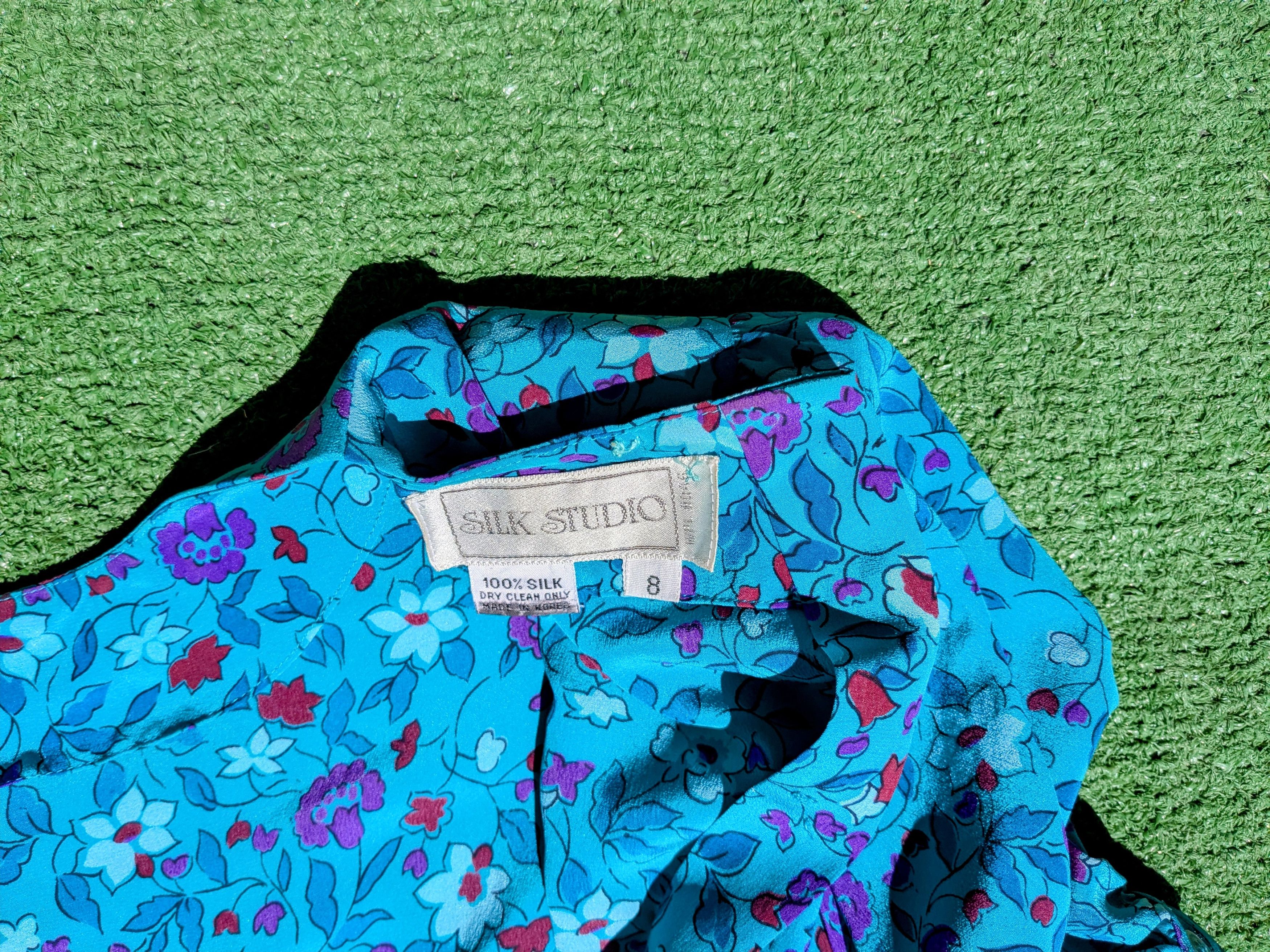Vintage 1980s Silk Studio Floral Turquoise Midi Fit&Flare Dress EUC Size M / US 6-8 / IT 42-44 - 5 Thumbnail