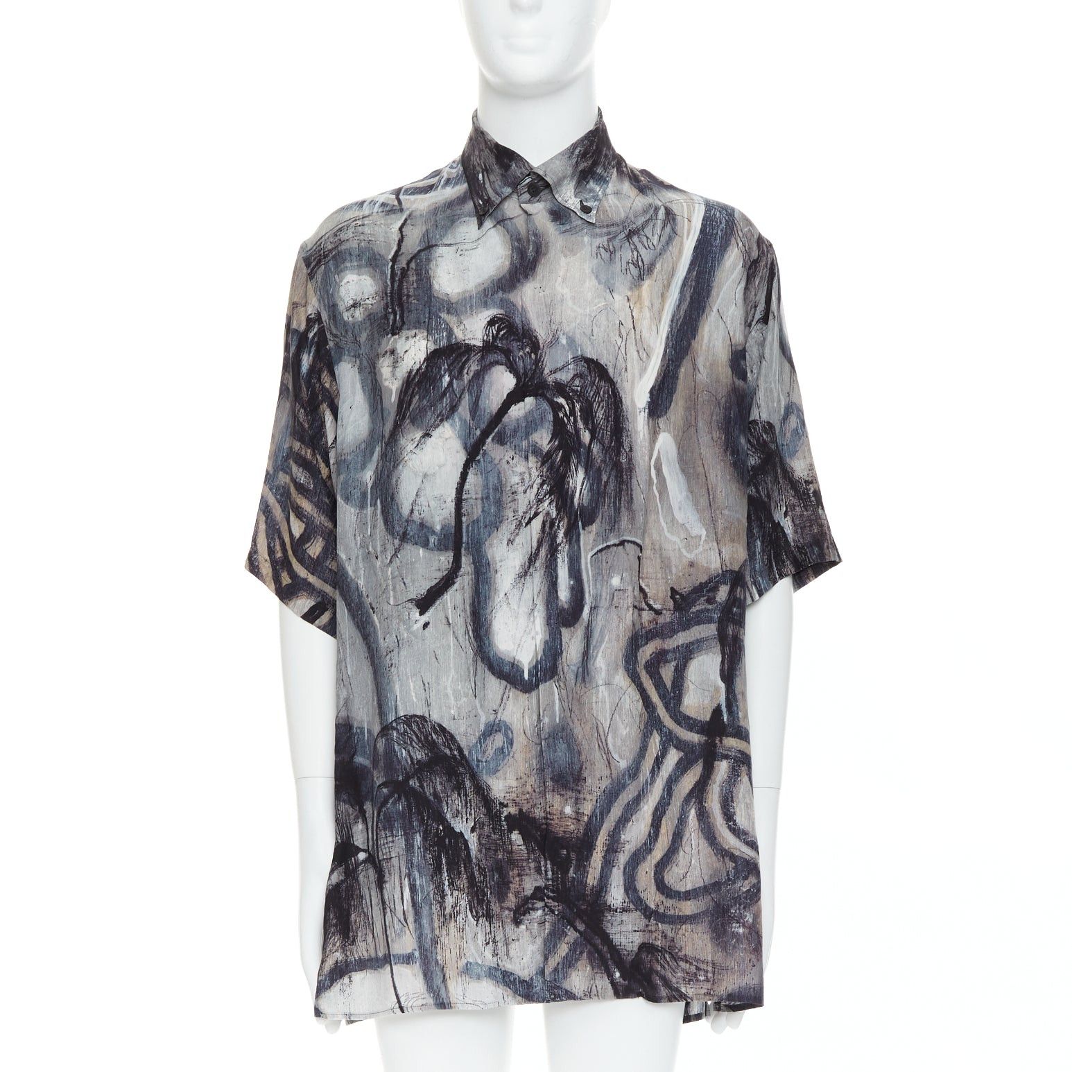 Yohji Yamamoto YOHJI YAMAMOTO 100% silk grey beige abstract print relaxed shirt JP2 M Size US M / EU 48-50 / 2 - 1 Thumbnail