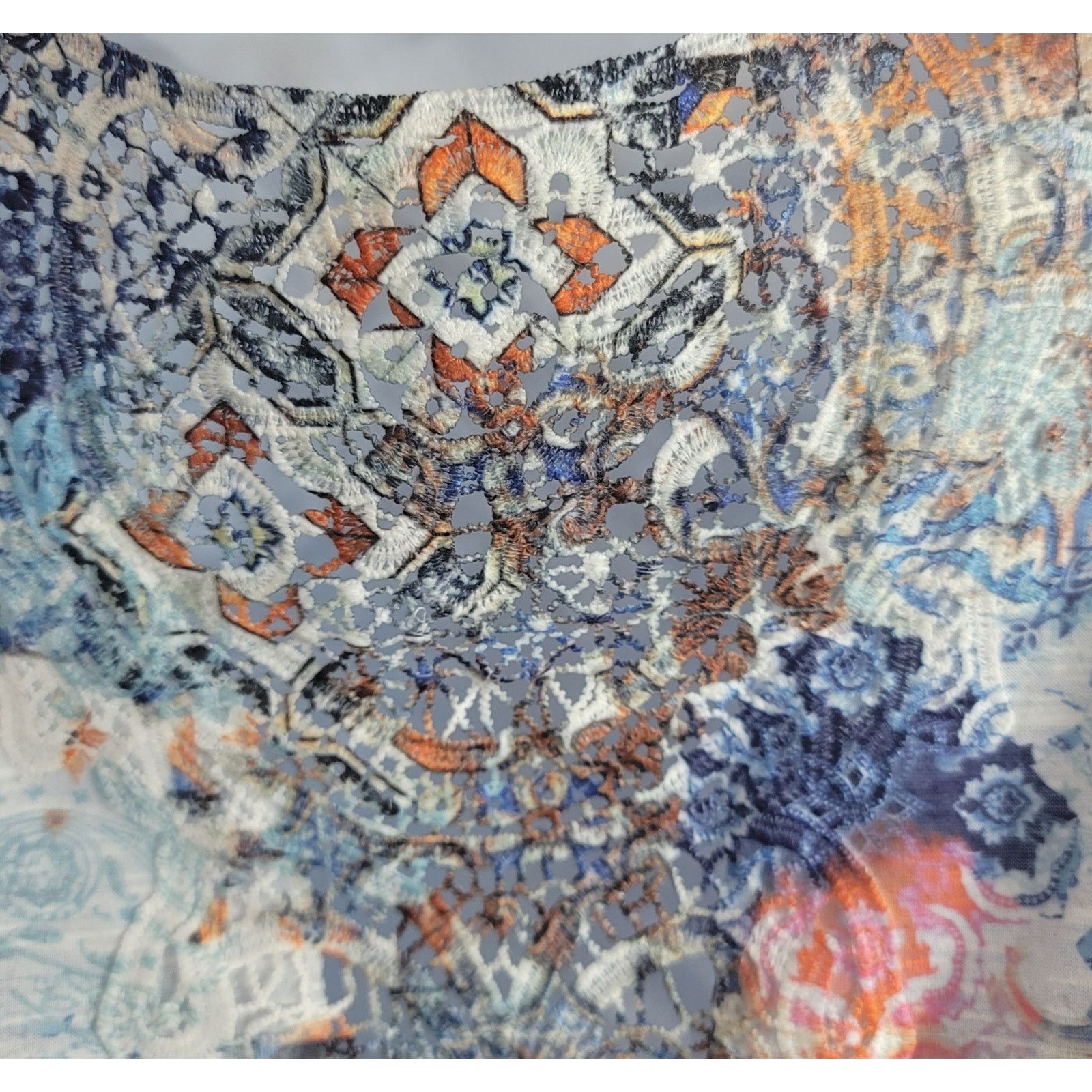 Other Blue Orange Floral Slub Knit Top L Short Sleeves Round Neck Size L / US 10 / IT 46 - 5 Thumbnail