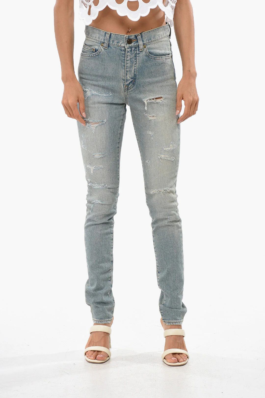 Saint Laurent Paris og1mm0326 Slim-Fit High-Rise Distressed Jeans in Blue Size 26" / US 2 / IT 38 - 1 Thumbnail