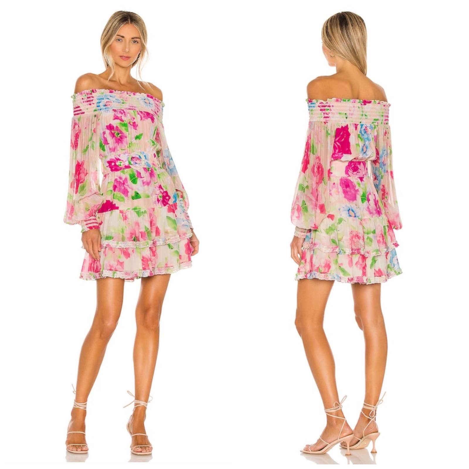 image of Rococo Sand Alora Mini Dress Floral Off-The-Shoulder Belted in Pink, Women's (Size XS)