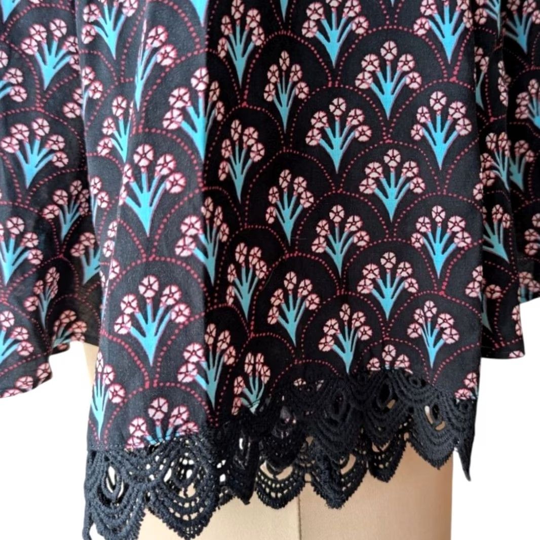 Pinko Floral Fan Print Blouse Top Black Pink Crochet Lace Trim Boho Sz XL Size XL / US 12-14 / IT 48-50 - 2 Thumbnail