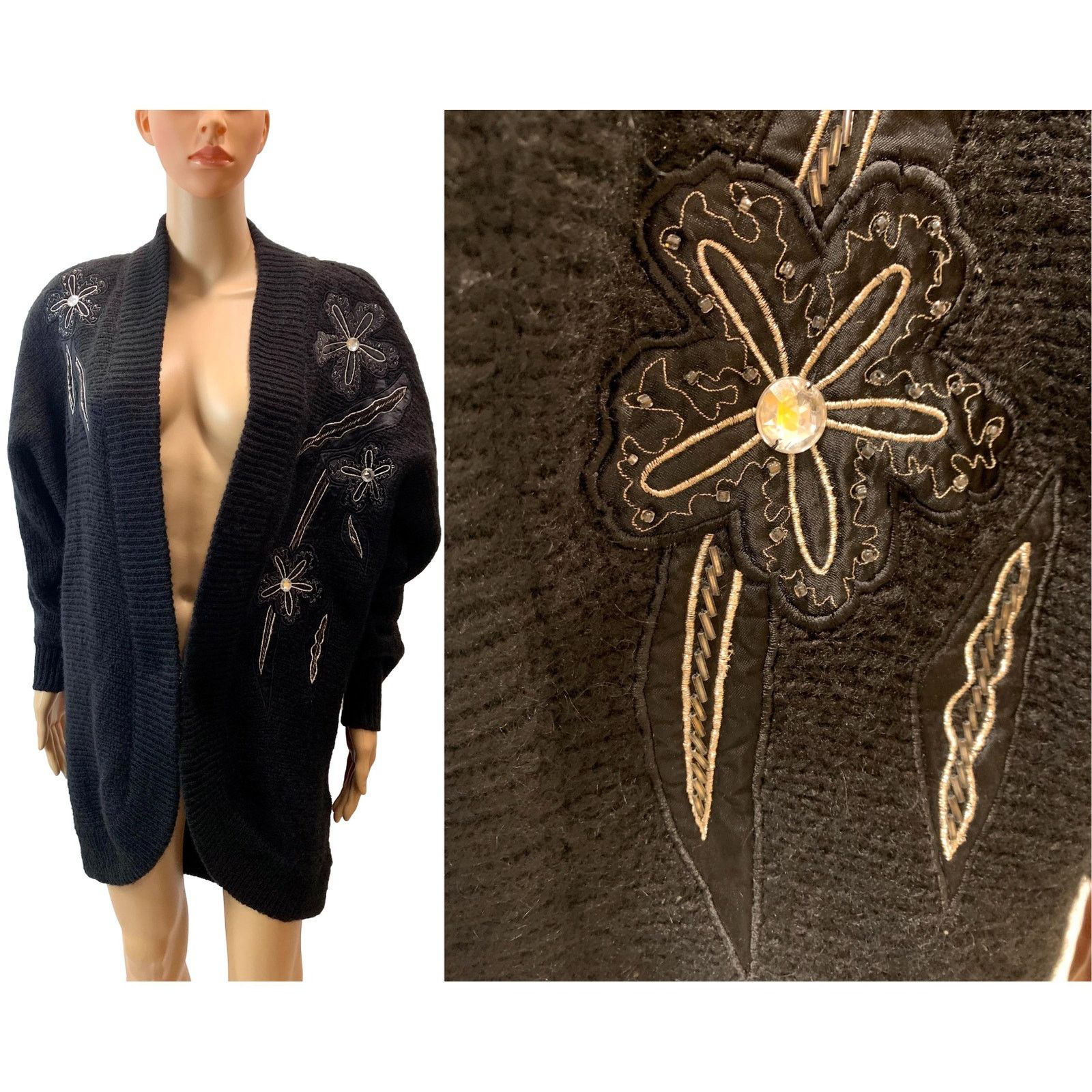 80s Black Mohair Sweater Coat Cardigan w Floral Appliqués