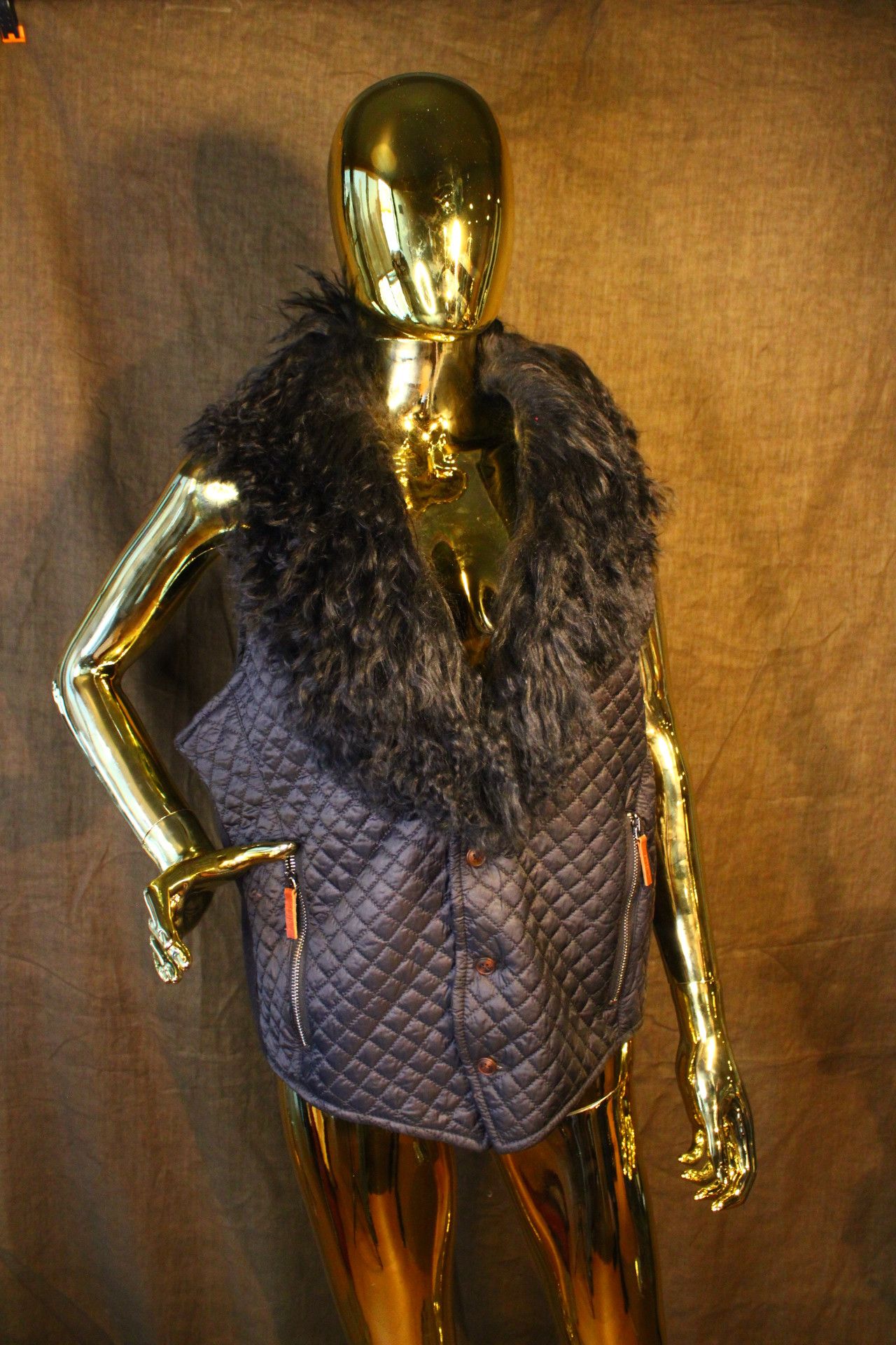 Vintage Black Quilted Vest with Real Mongolian Fur Collar Size US L / EU 52-54 / 3 - 4 Thumbnail