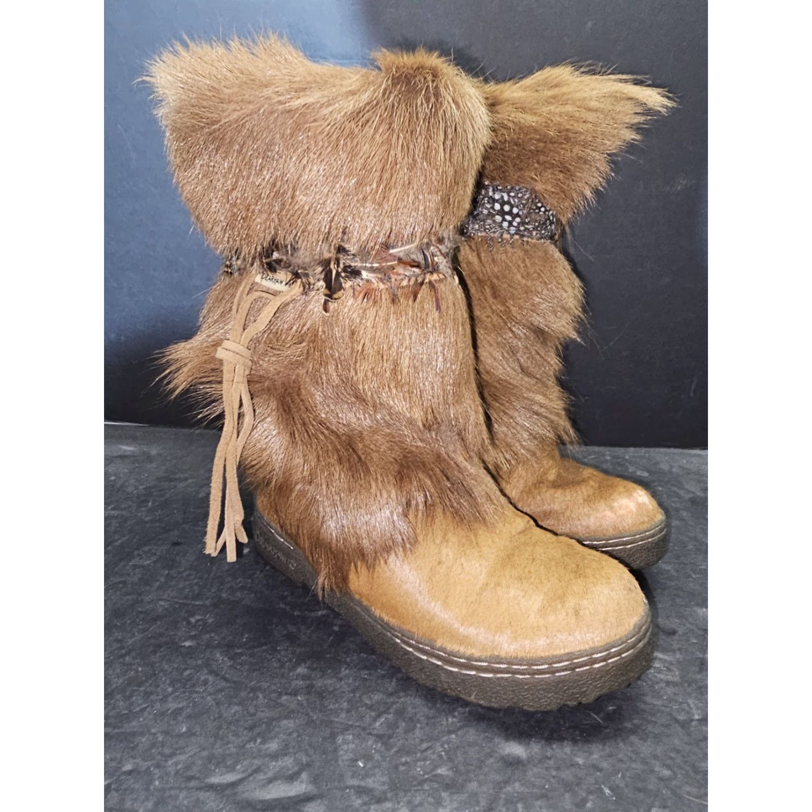 Vintage BearPaw Kola II Real Fur Boots Goat Fur Cow Skin Feather Boho Y2K Womens Size 7 Brown Boots Casual Womens Boots Size US 6 / IT 36 - 5 Thumbnail
