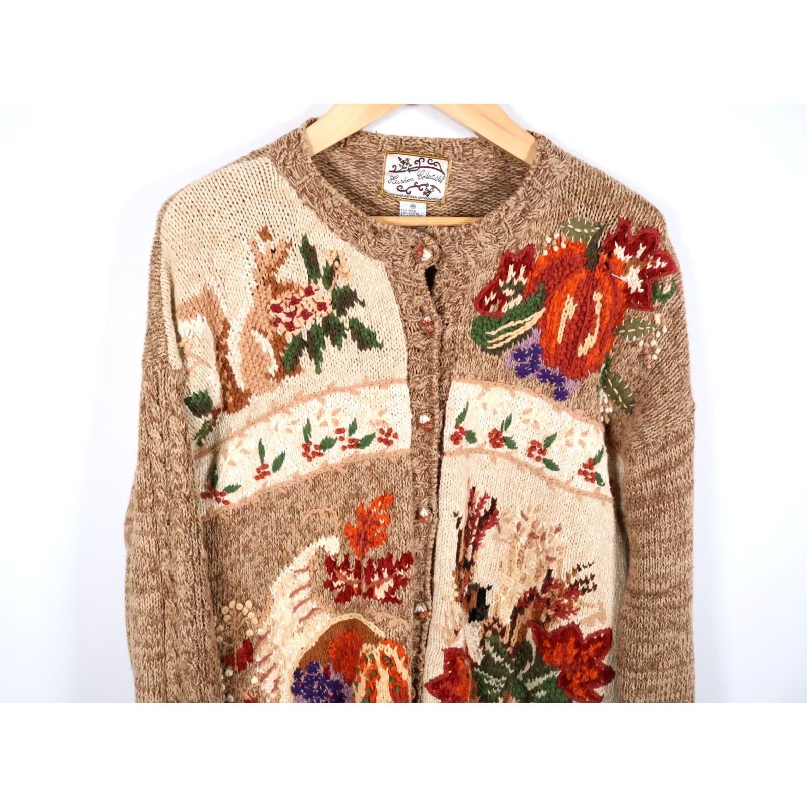 Vintage VINTAGE Heirloom Collectibles Cardigan Women’s Medium Beige Embroidered Autumn Harvest Knit Sweater Size M / US 6-8 / IT 42-44 - 4 Thumbnail