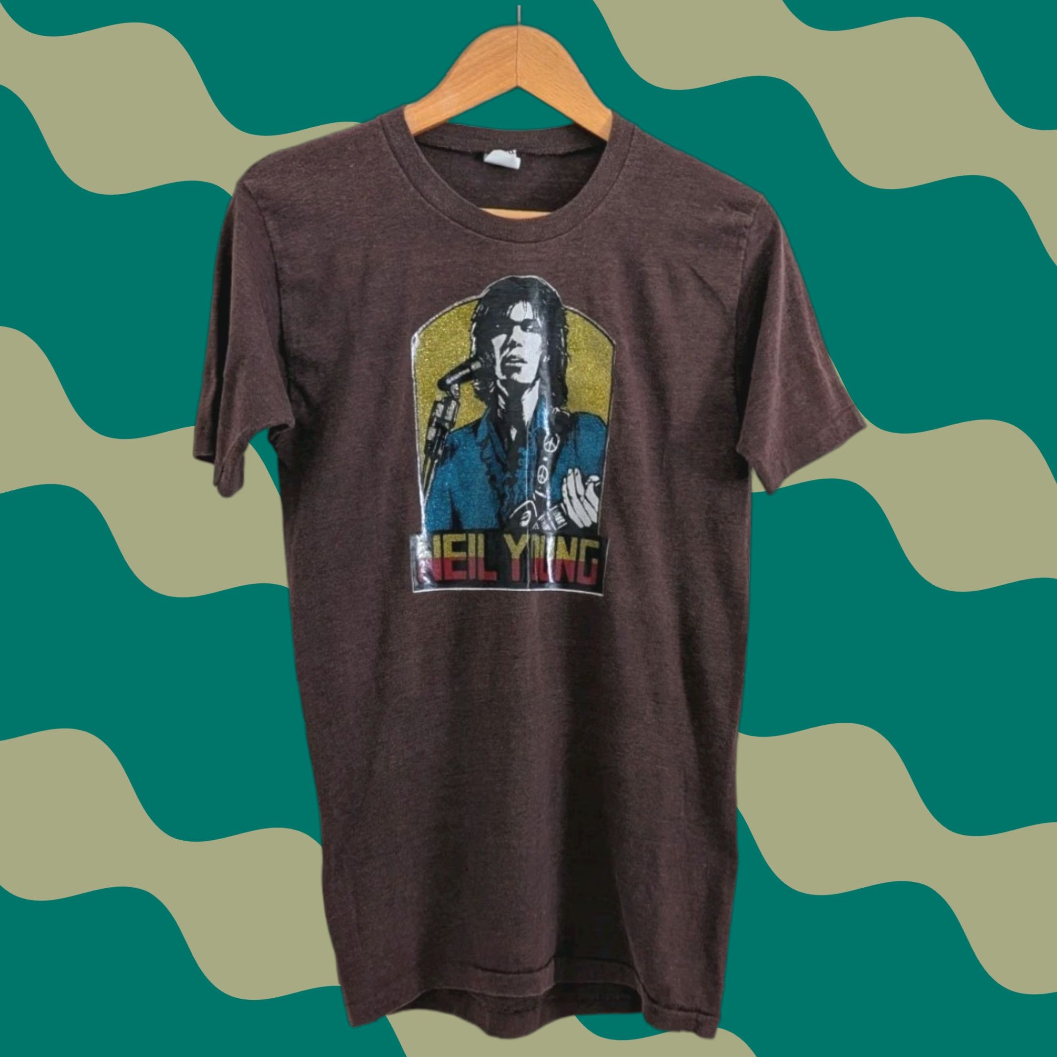 VINTAGE Healthknit T-Shirt Brown 70s Neil Young Graphic Print Short Sleeve Crew Neck Single Stitch Size S Unisex Adults Mens Womens
