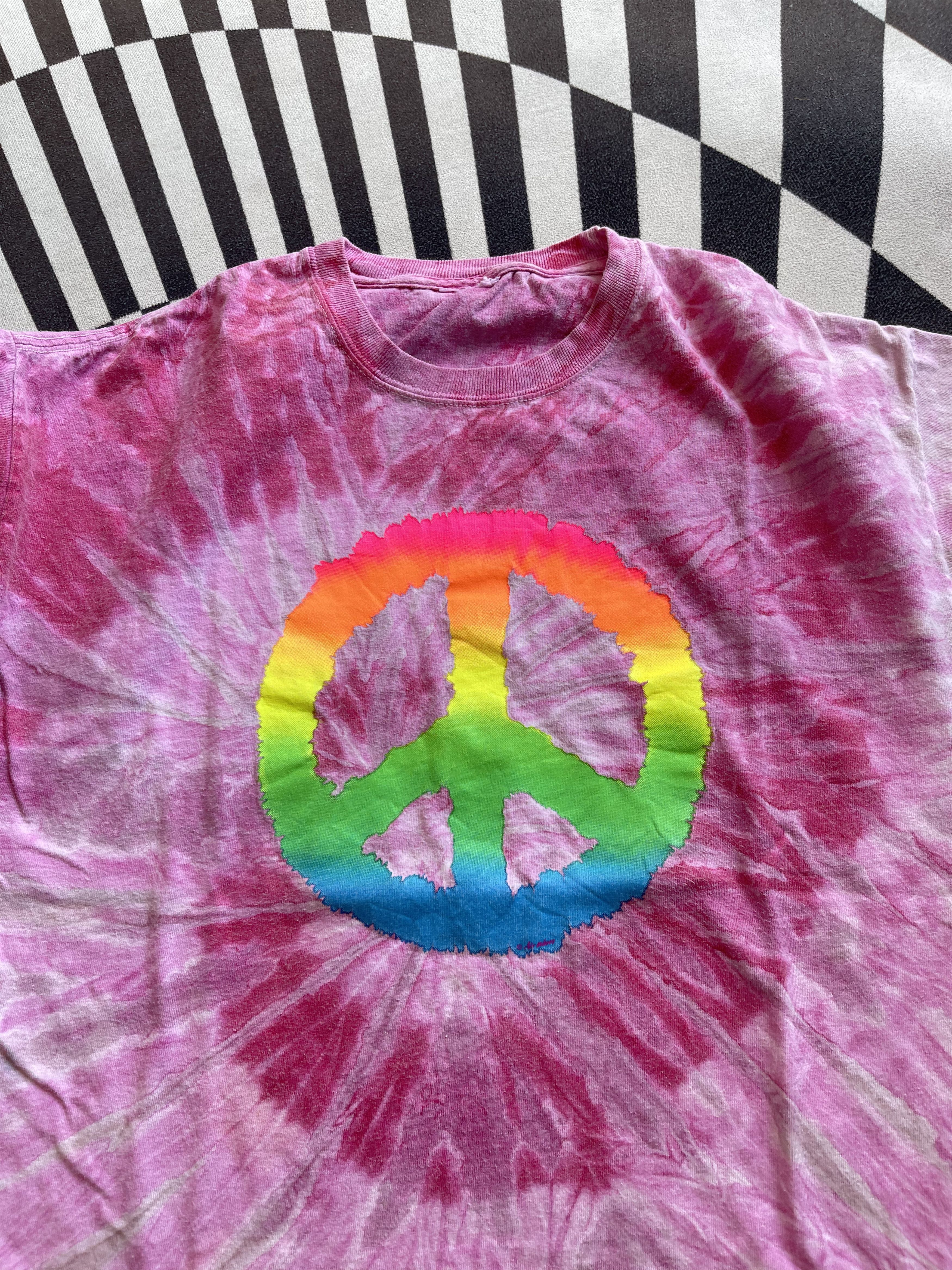 Vintage Vintage 90s Pink Tie Dye Peace Sign T-Shirt Rainbow Neon Size US L / EU 52-54 / 3 - 2 Thumbnail