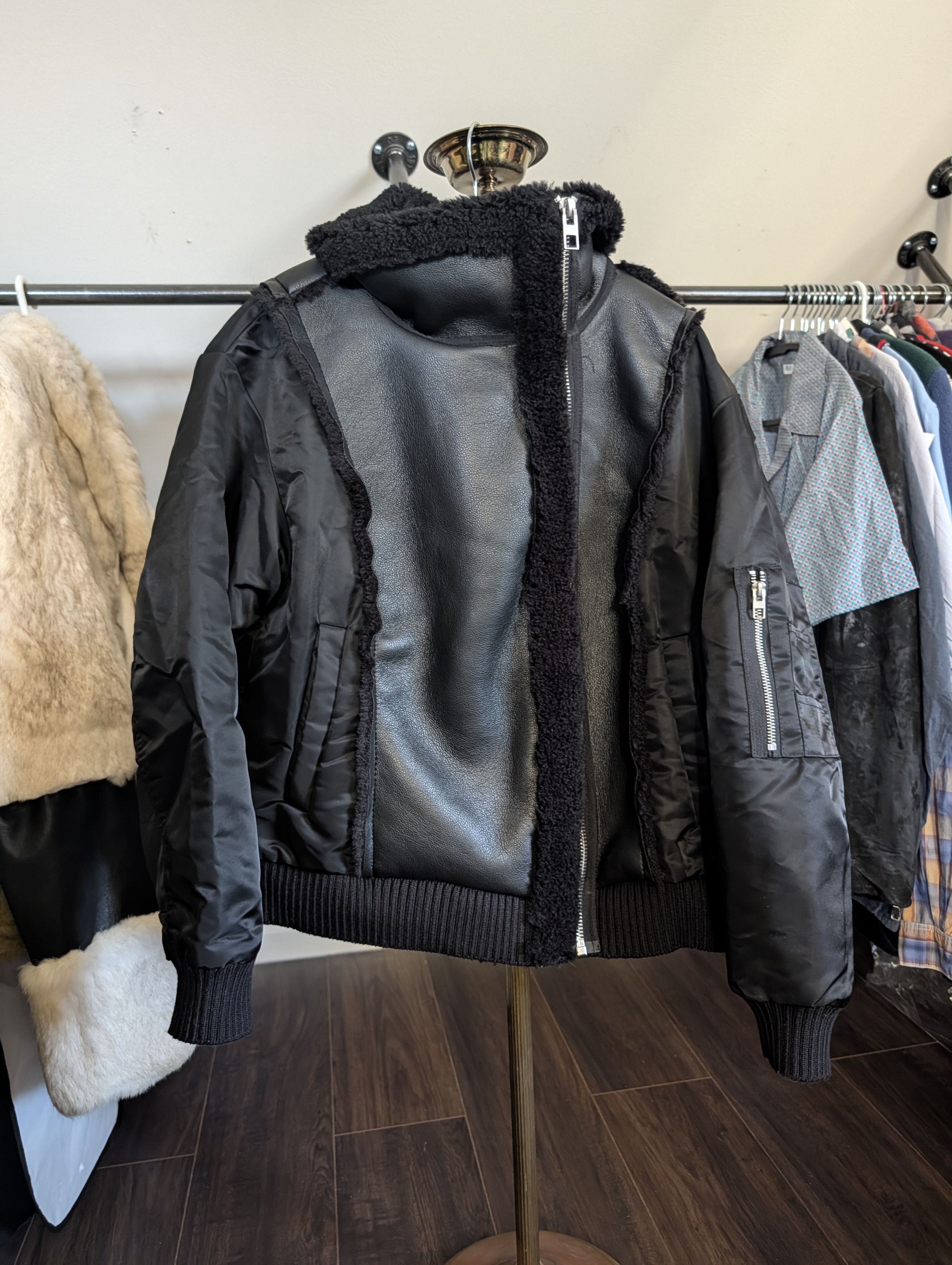 Jason Wu Black vegan leather shearling fur aviator bomber jacket Size L / US 10 / IT 46 - 8 Thumbnail