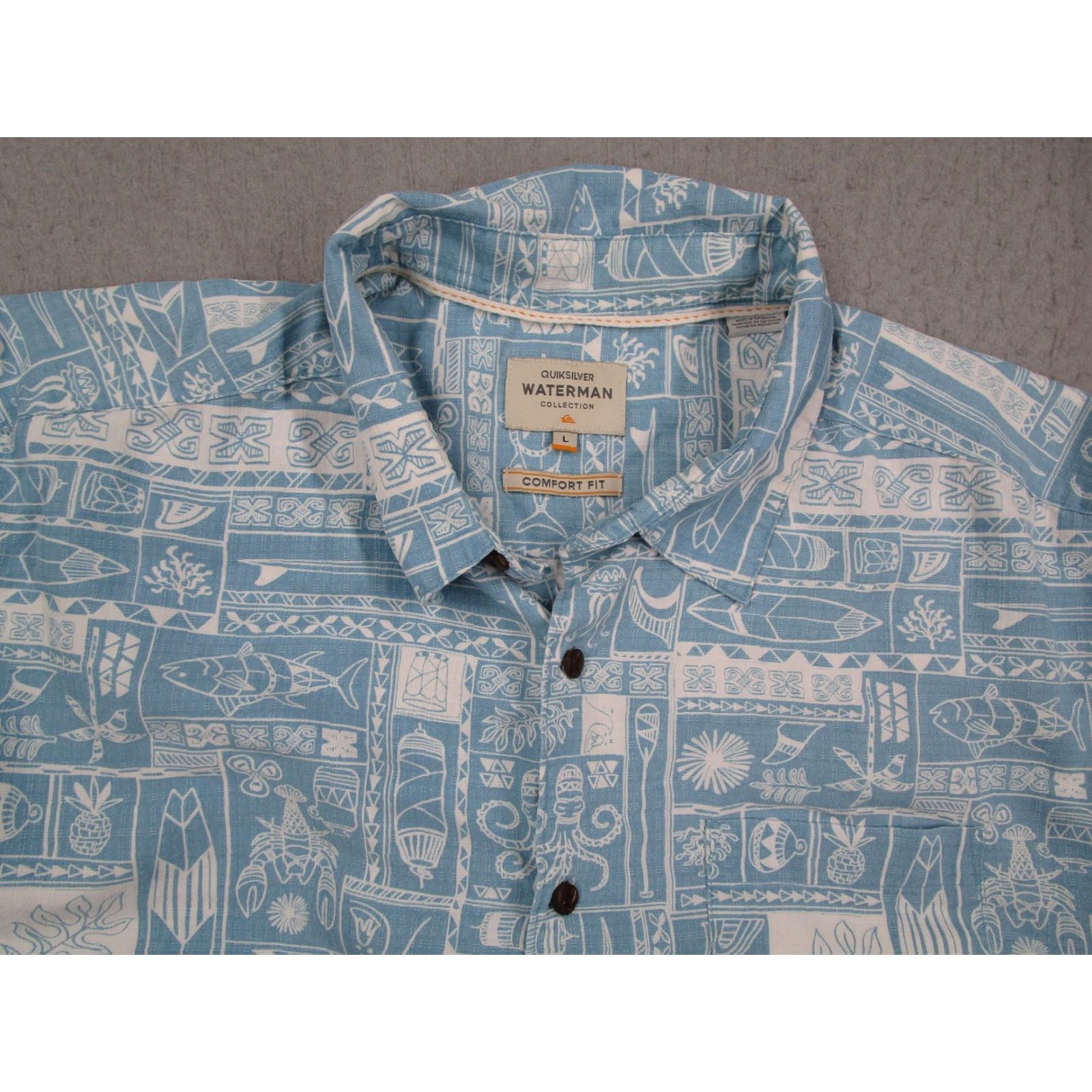 Quiksilver Quiksilver Waterman Shirt Mens Large Blue Aloha Hawaiian Comfort Fit Boat Fish Size US L / EU 52-54 / 3 - 2 Thumbnail