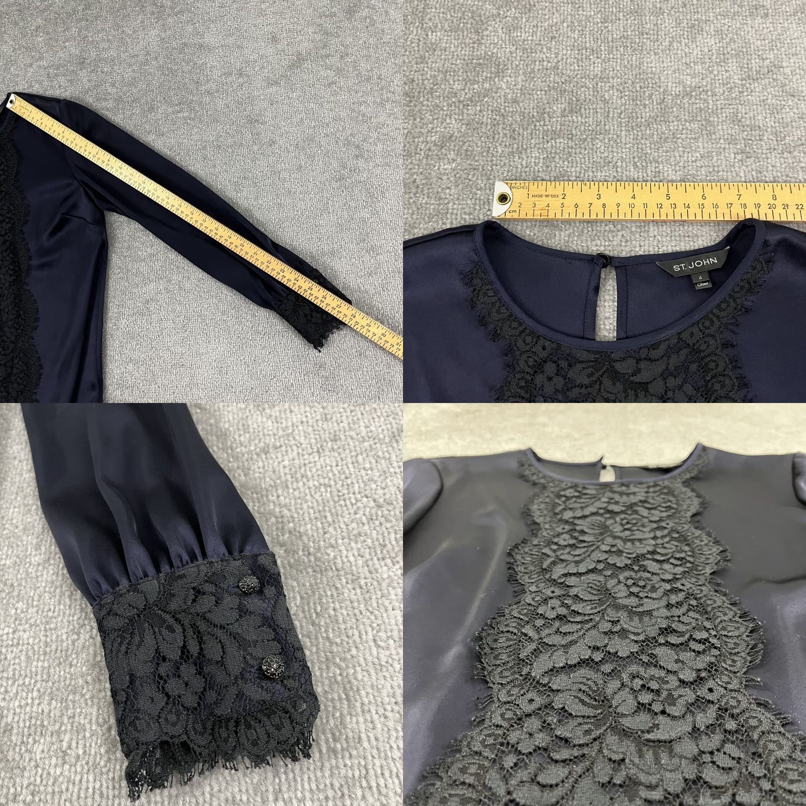 St. John ST. JOHN Blouse Womens Size 4 Blue Liquid Satin Lace Navycaviar Quiet Old Luxury Womens Size S / US 4 / IT 40 - 8 Thumbnail