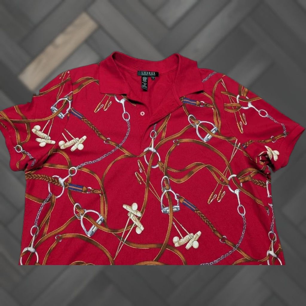 Ralph Lauren VINTAGE Ralph Lauren polo shirt HORSE-BIT all-over print RED Womens 1X Polo Cotton Blend Short Sleeve Collared Shirt Horse-Bit Size XL / US 12-14 / IT 48-50 - 1 Thumbnail