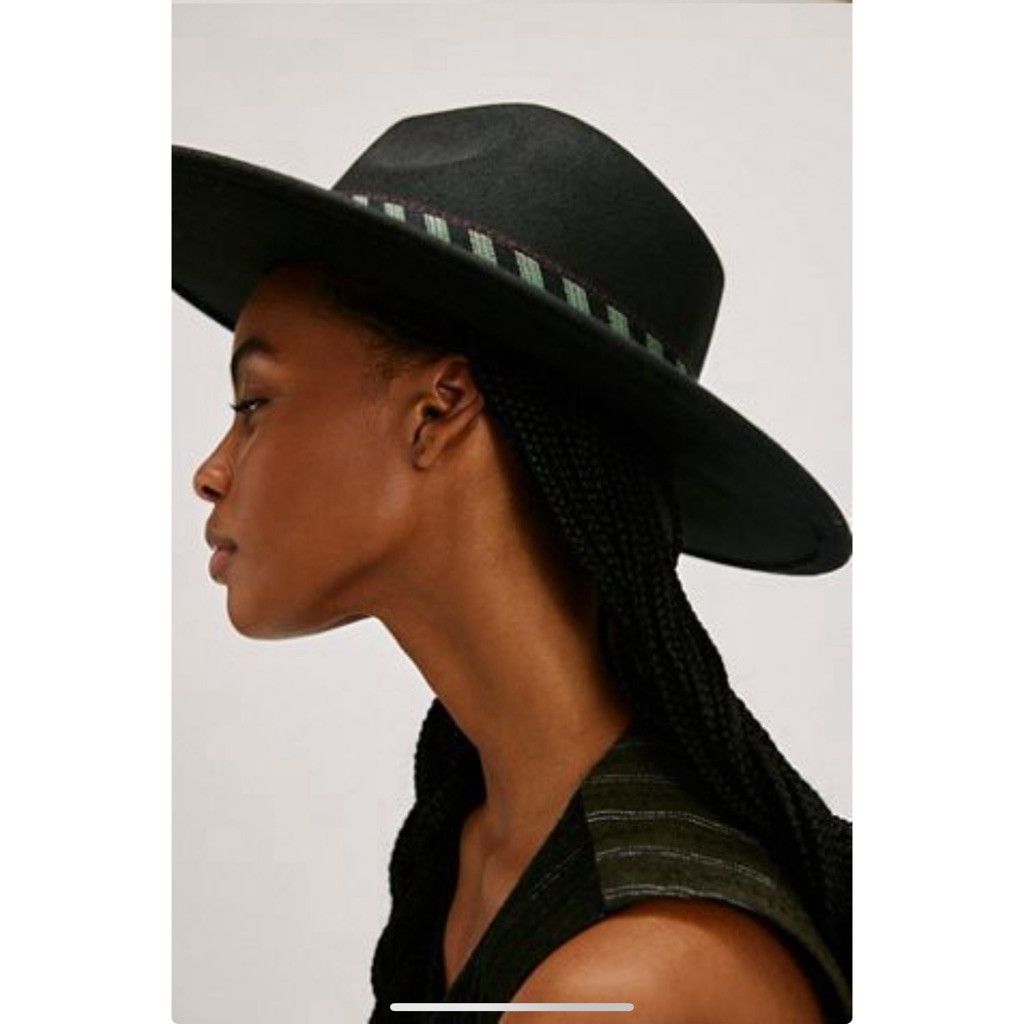 Free People NWOT Free People Wide-Brim Wool Hat – Black with Green Band Size ONE SIZE - 1 Thumbnail