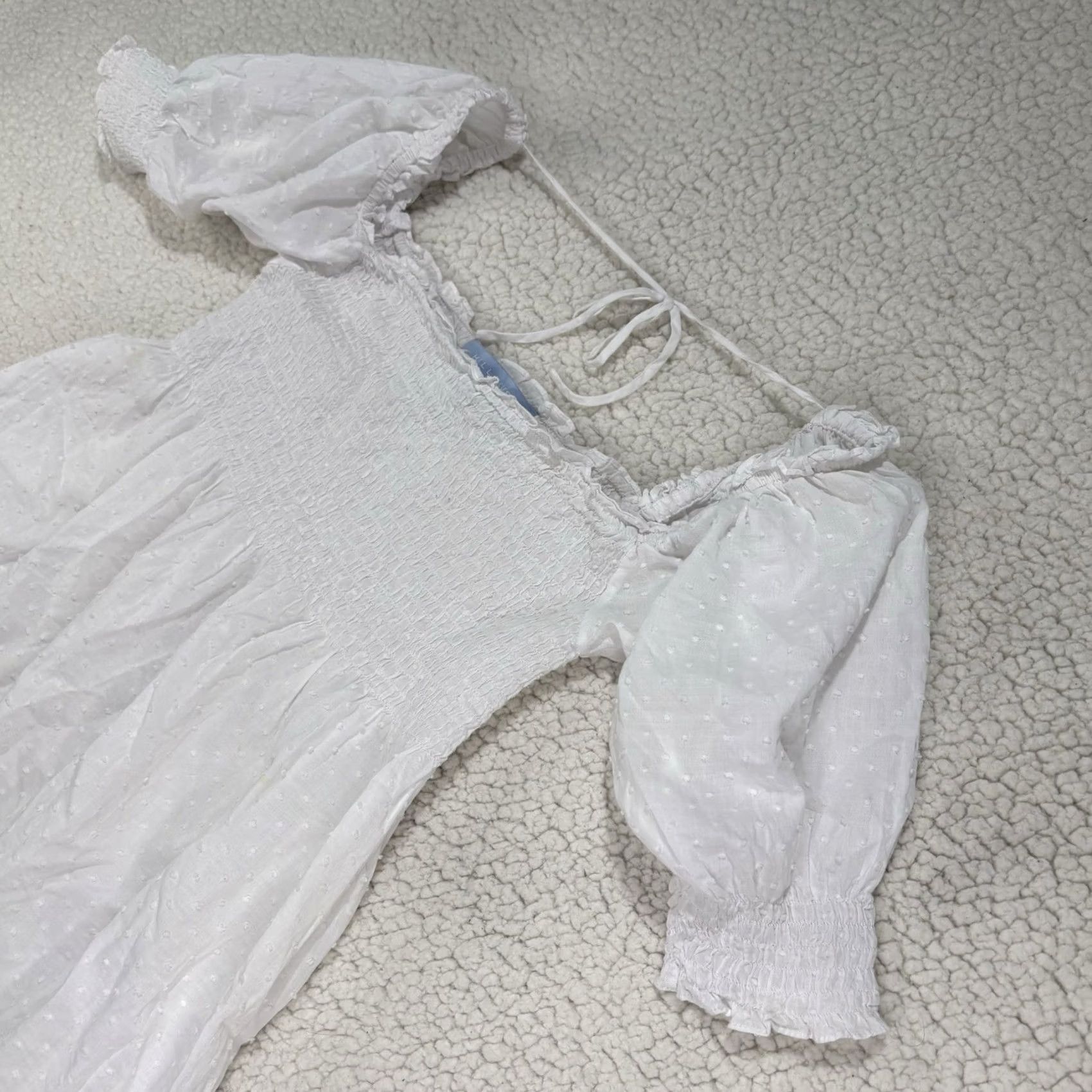 Vintage Hill House Mini Dress White Swiss Dot Puff Short Sleeve Small SMocked Puff Short Sleeve Crew? Size 28" / US 6 / IT 42 - 3 Thumbnail