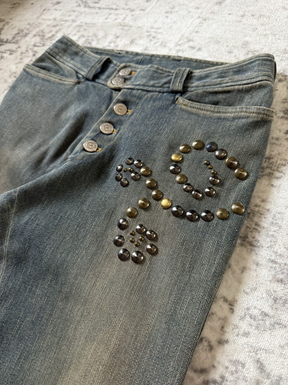 Tornado Mart Tornado Mart Artisanal Studded Tribal Mud Wash Flare Jeans Size US 29 - 4 Thumbnail