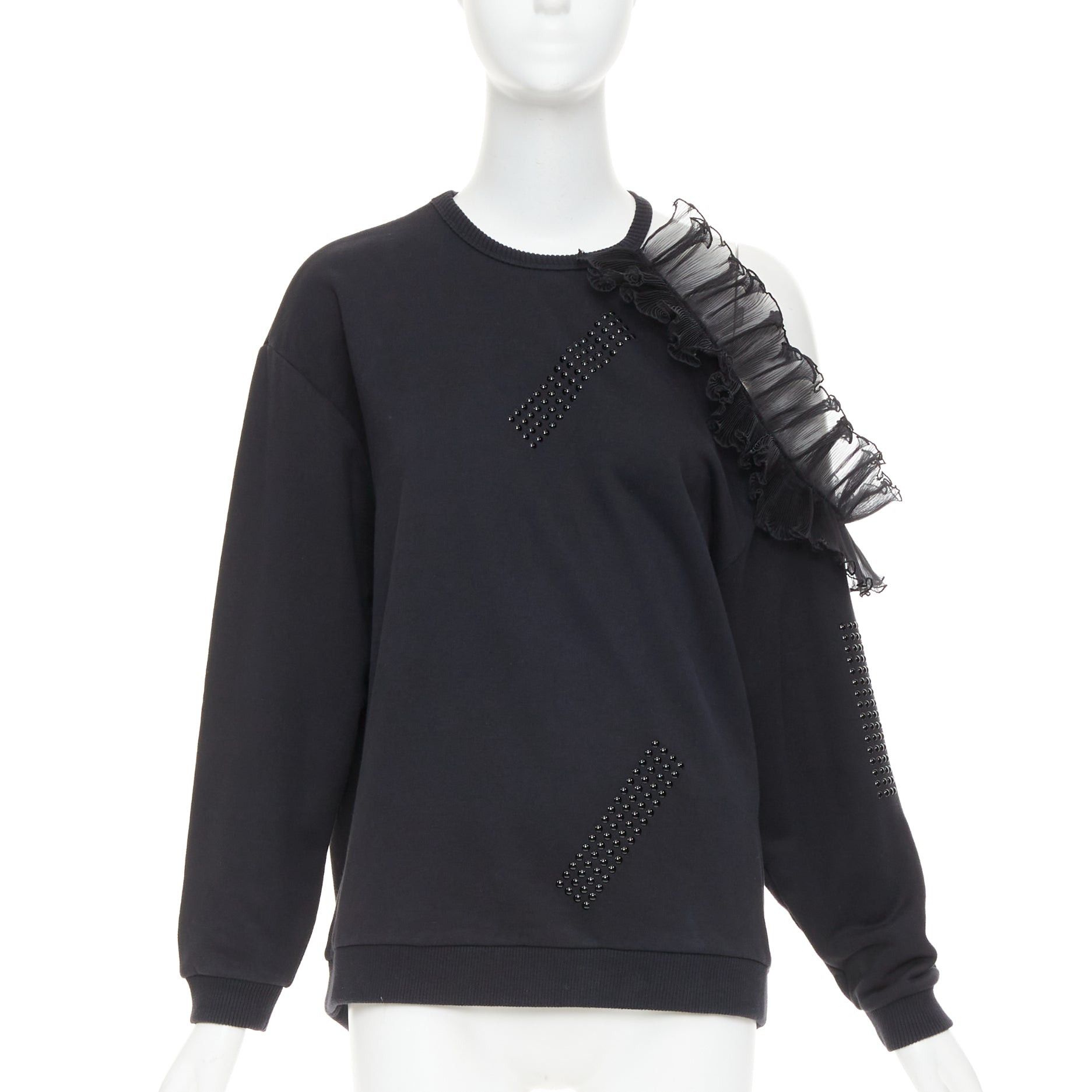 Christopher Kane CHRISTOPHER KANE black cotton ruffle frill cut out shoulder studded sweatshirt S Size S / US 4 / IT 40 - 1 Thumbnail