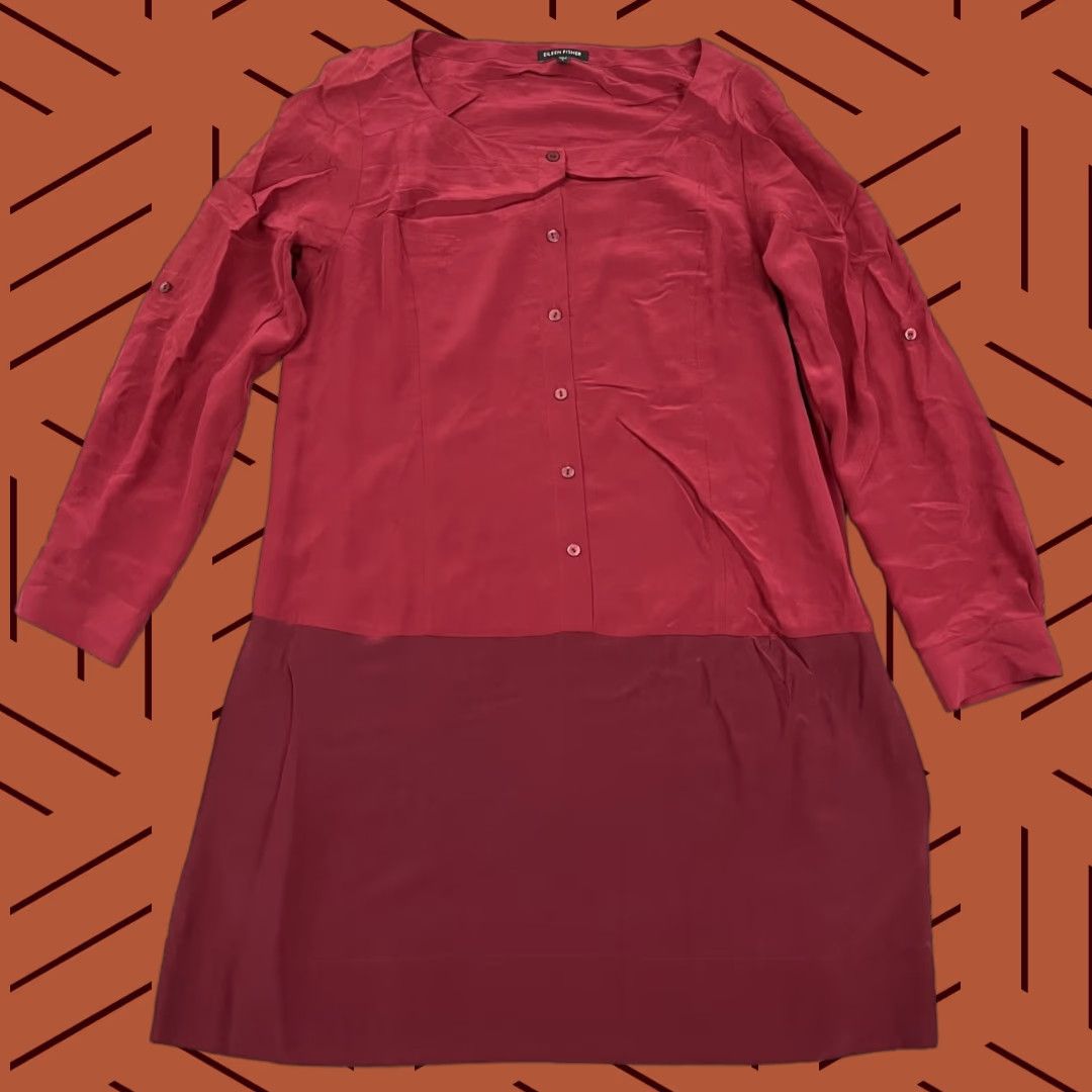 Eileen Fisher Eileen Fisher Tunic Blouse Womens Small Red Silk Roll Tab Pockets Two Tone Size S / US 4 / IT 40 - 1 Thumbnail