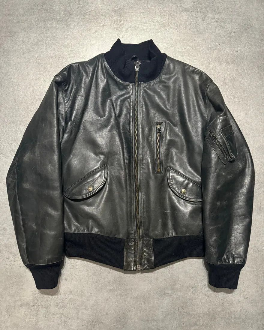 美品1990s giorgio armani leather ma1ジャケット Vintage 1990's GA Giorgio Armani Jeans Leather Black Jacket