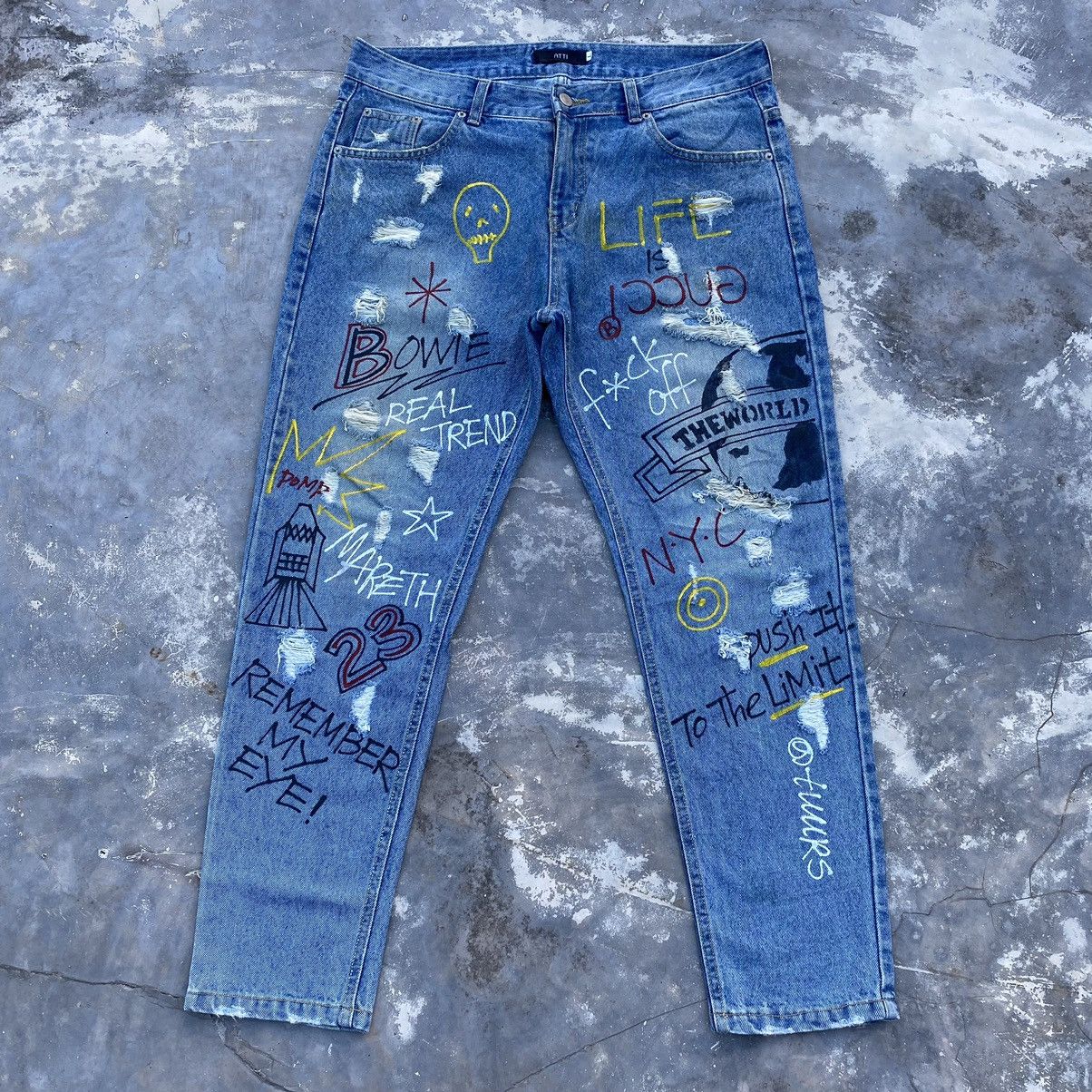 Japanese Brand Japanese distressed jeans punk style art painting denim ...