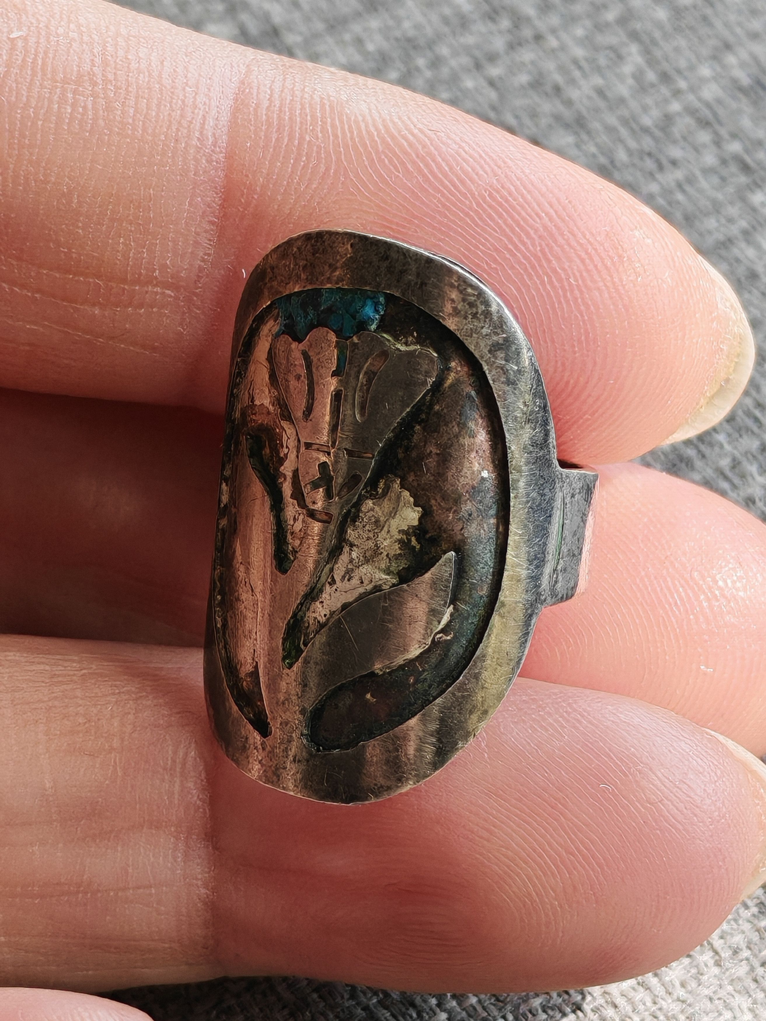 Other Vintage Sterling Silver Bell Flower Inlay Ring With Marking Size ONE SIZE - 6 Thumbnail