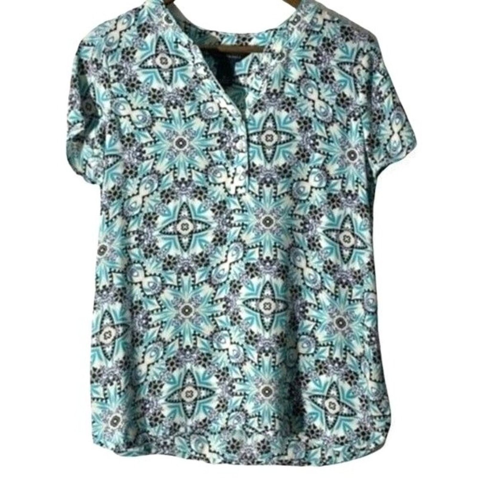 Other Investments Teal White Split Neck Blouse Hi-Low Hem Small Size S / US 4 / IT 40 - 1 Thumbnail