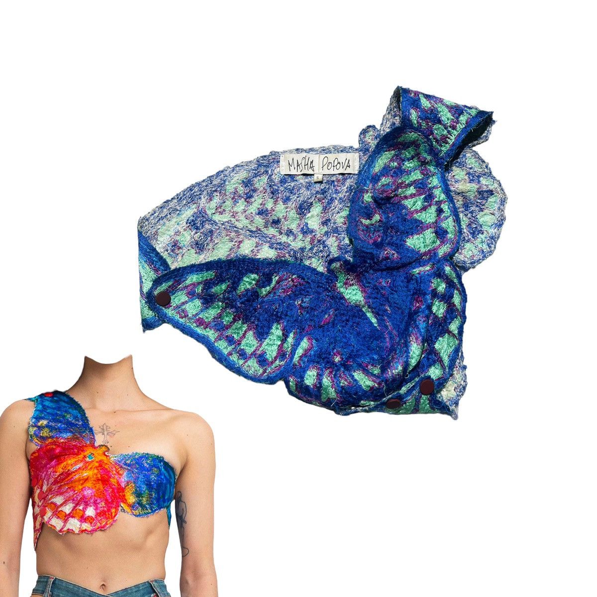 image of Masha Popova Butterfly Crop Top in Blue, Women's (Size Small)