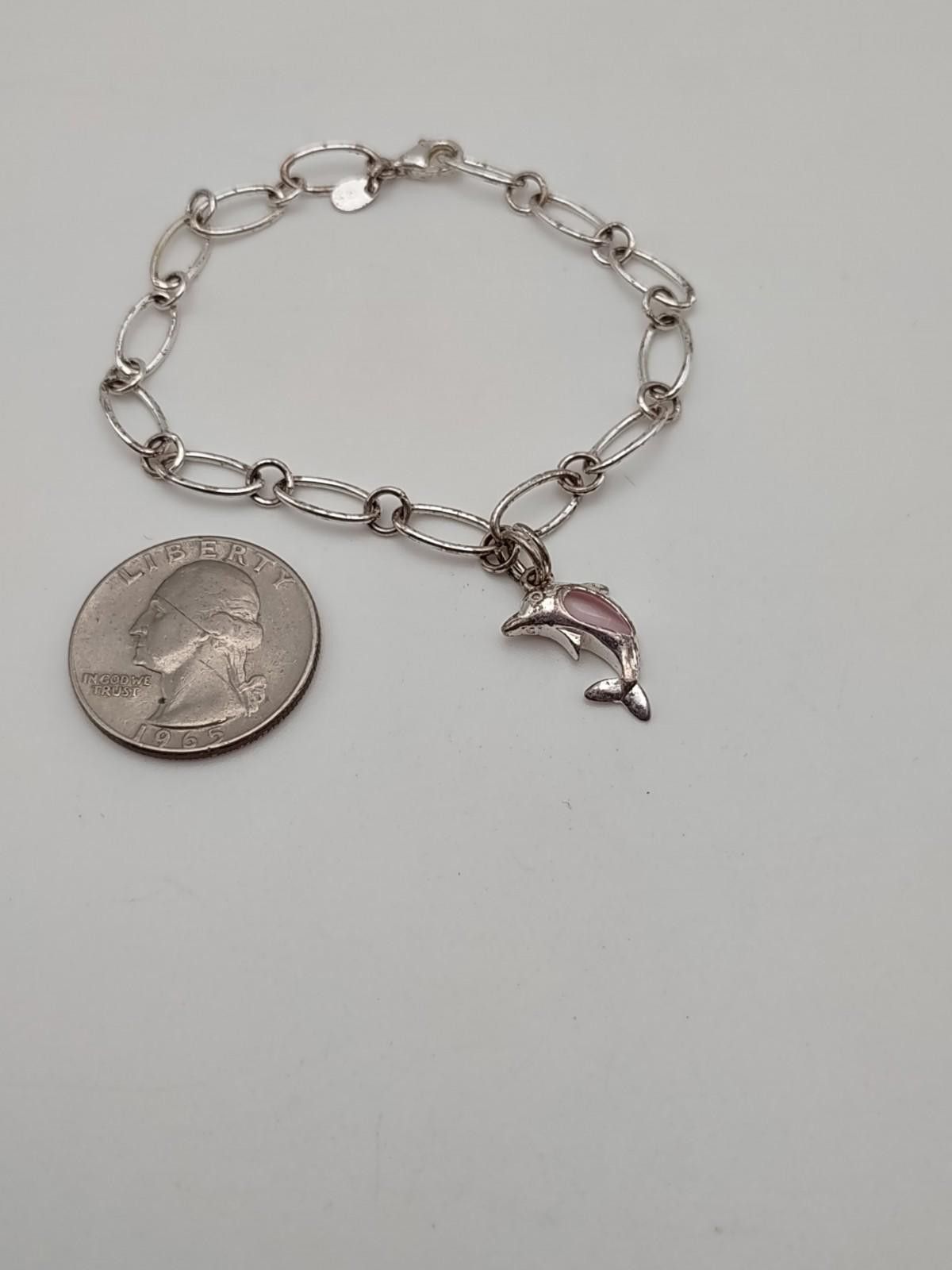 The Unbranded Brand Sterling Silver Dolphin Charm Bracelet Pink 7" 925 Size ONE SIZE - 2 Thumbnail