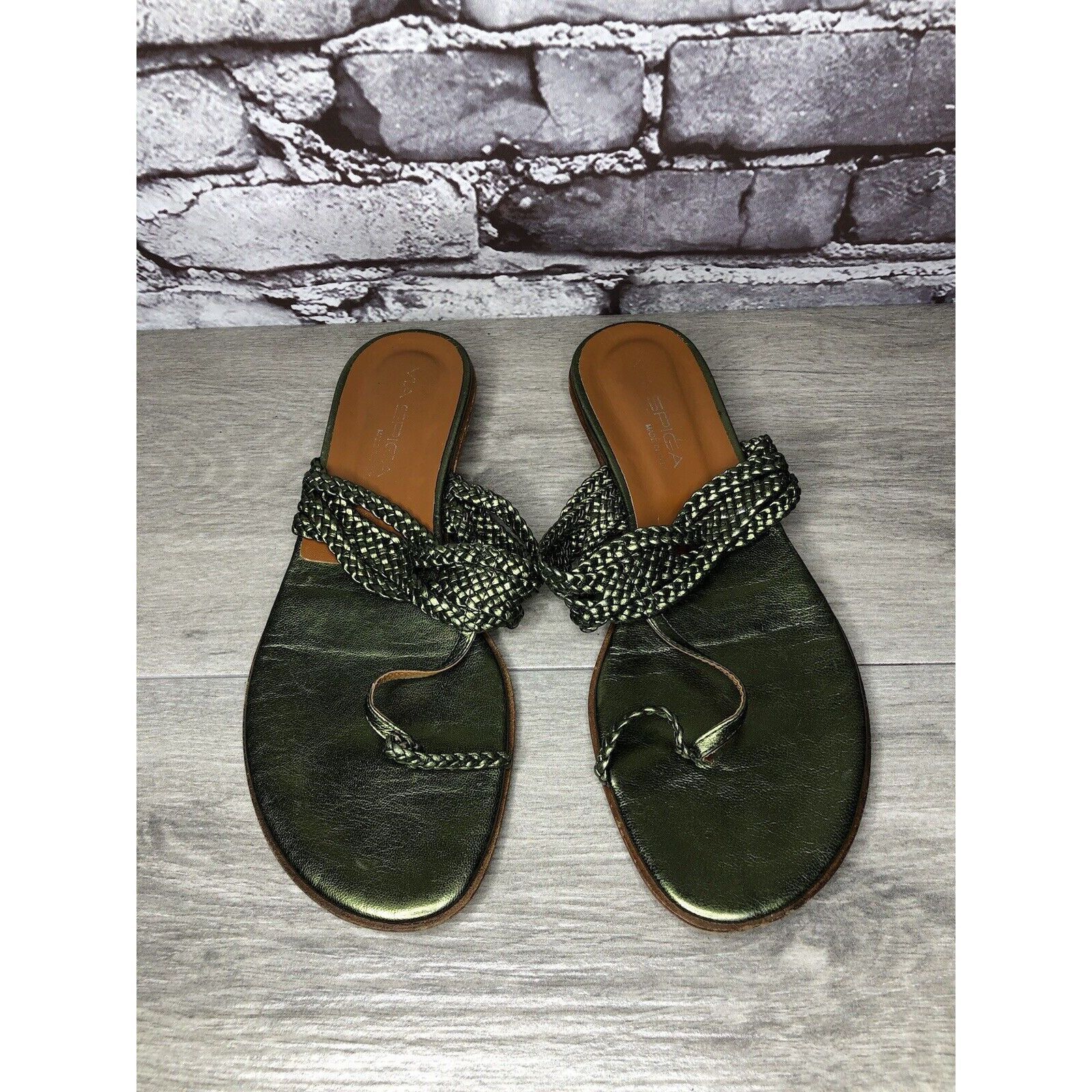 Other Via Spiga Metallic Green Leather Braided Flats Sandals Women Size US 8.5 / IT 38.5 - 13 Thumbnail