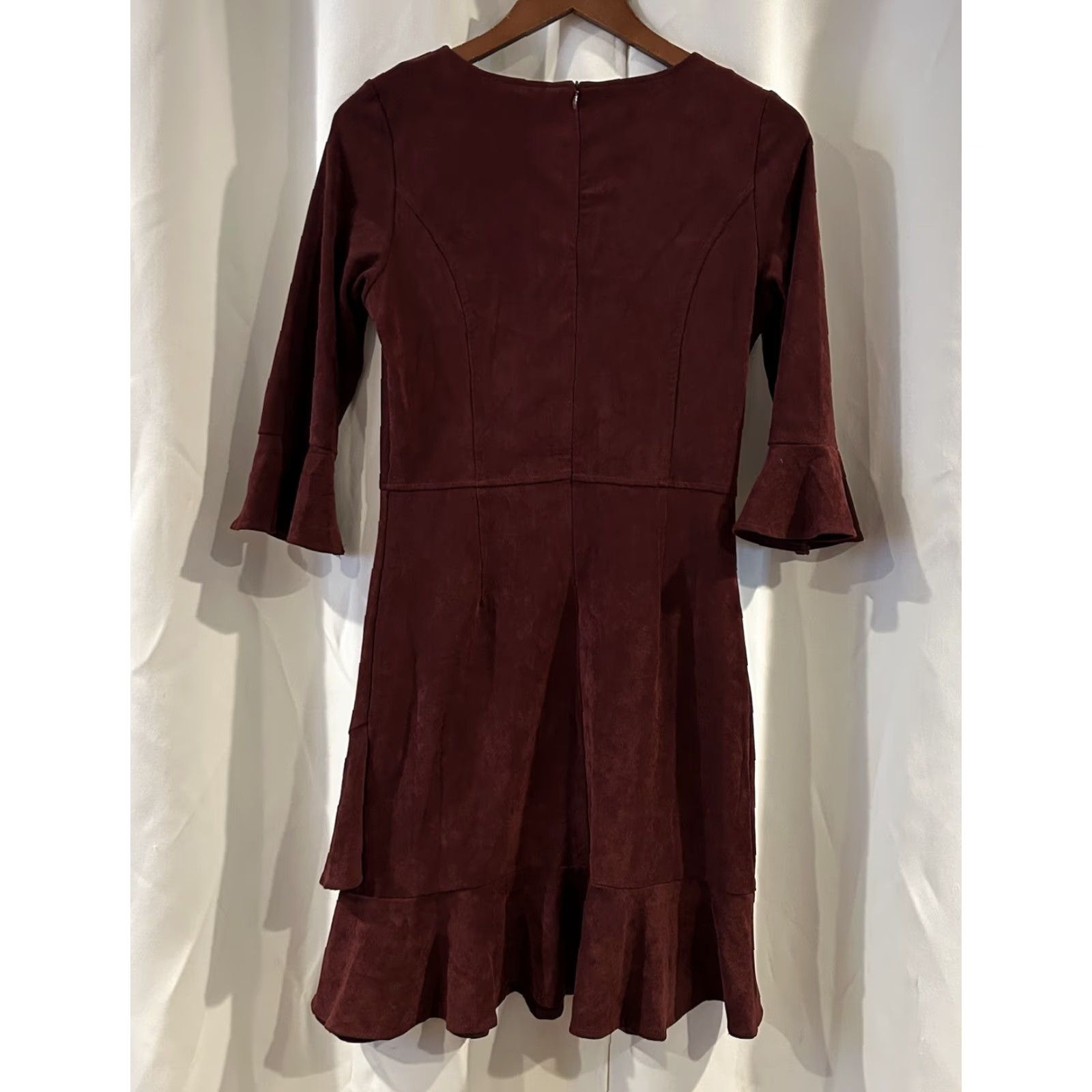 Bell VINTAGE Aryeh Dress Women S Red Suede Bell Sleeve Asymmetric Ruffle Drop Midi Pencil Sheath, 38in Length, Small, $ Size S / US 4 / IT 40 - 3 Thumbnail