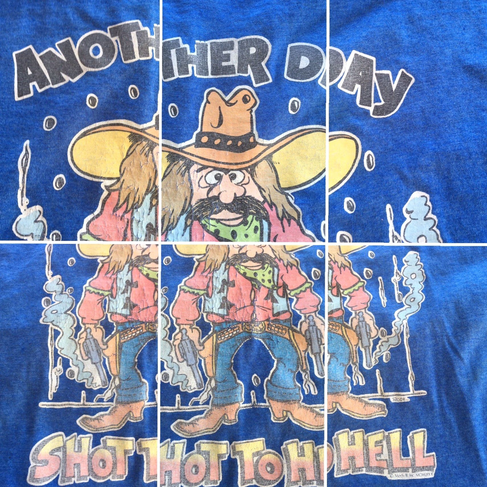 Vintage VINTAGE Screen Stars T-Shirt 1980s XL Blue Men Short Sleeve Graphic Tee Cowboy Iron On Another Day Shot To Hell 80s Size US XL / EU 56 / 4 - 6 Thumbnail